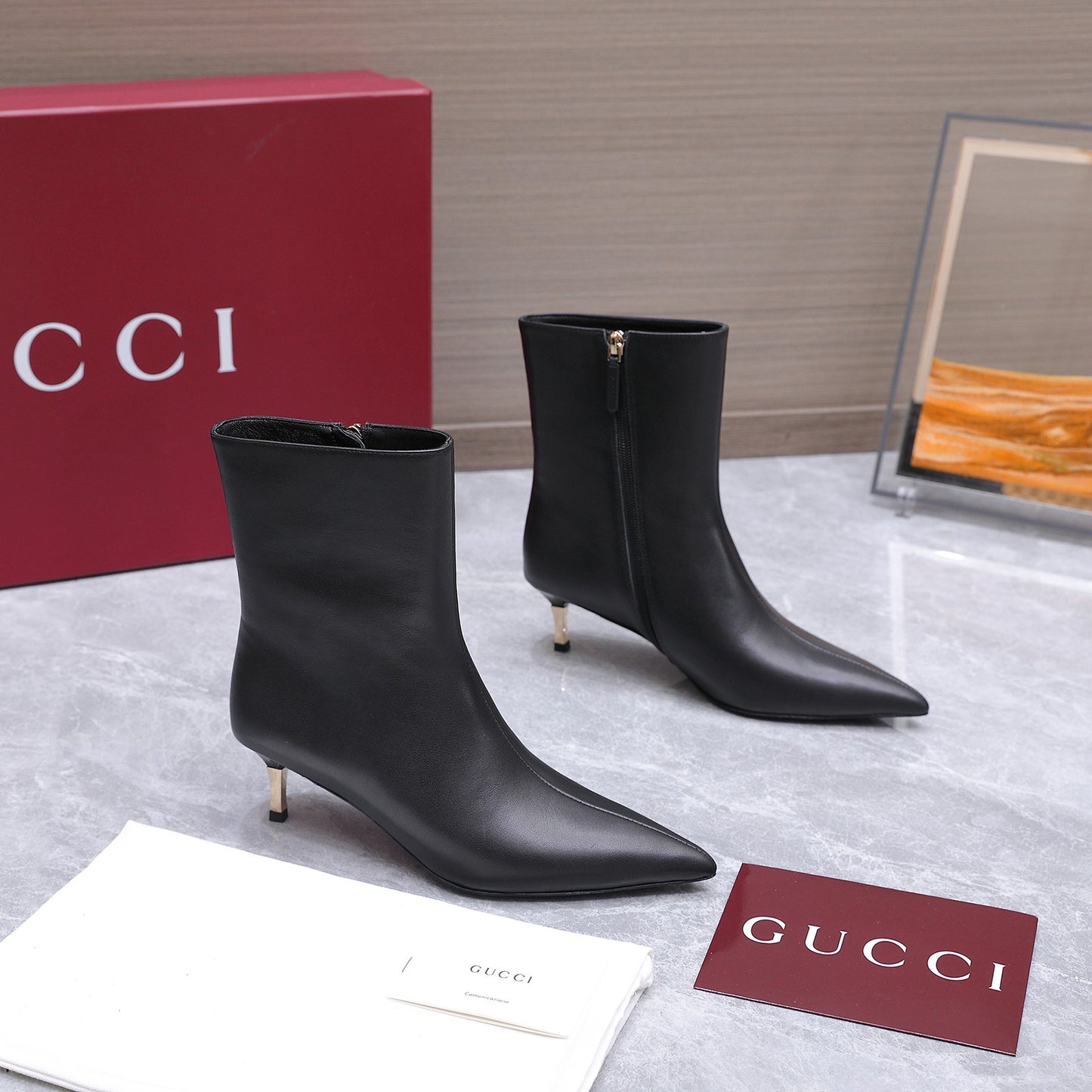 GG Smooth Leather Ankle Boots – Black Calfskin Pointed-Toe Ankle Boots