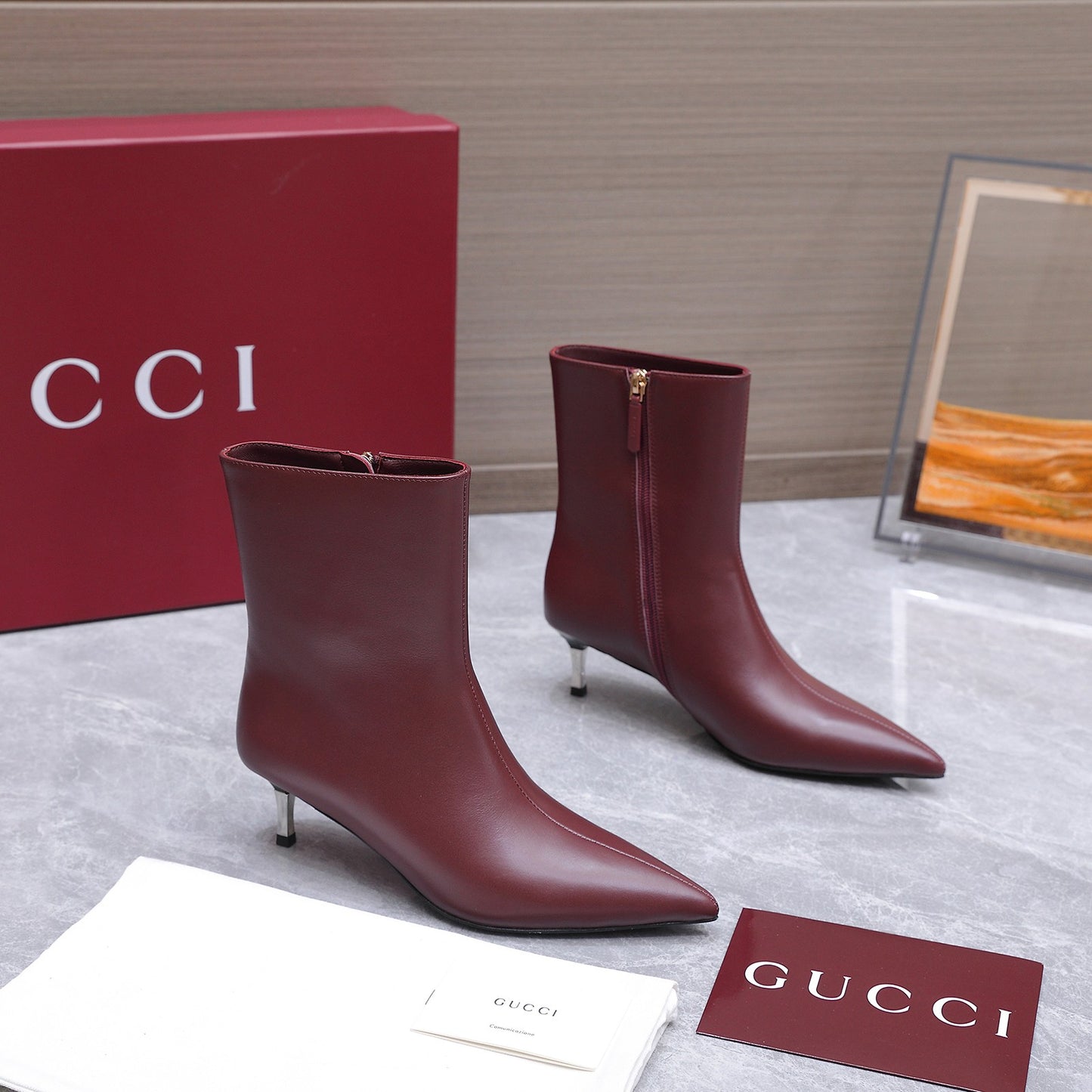 GG Smooth Leather Ankle Boots – Deep Oxblood Burgundy Calfskin Pointed-Toe Ankle Boots