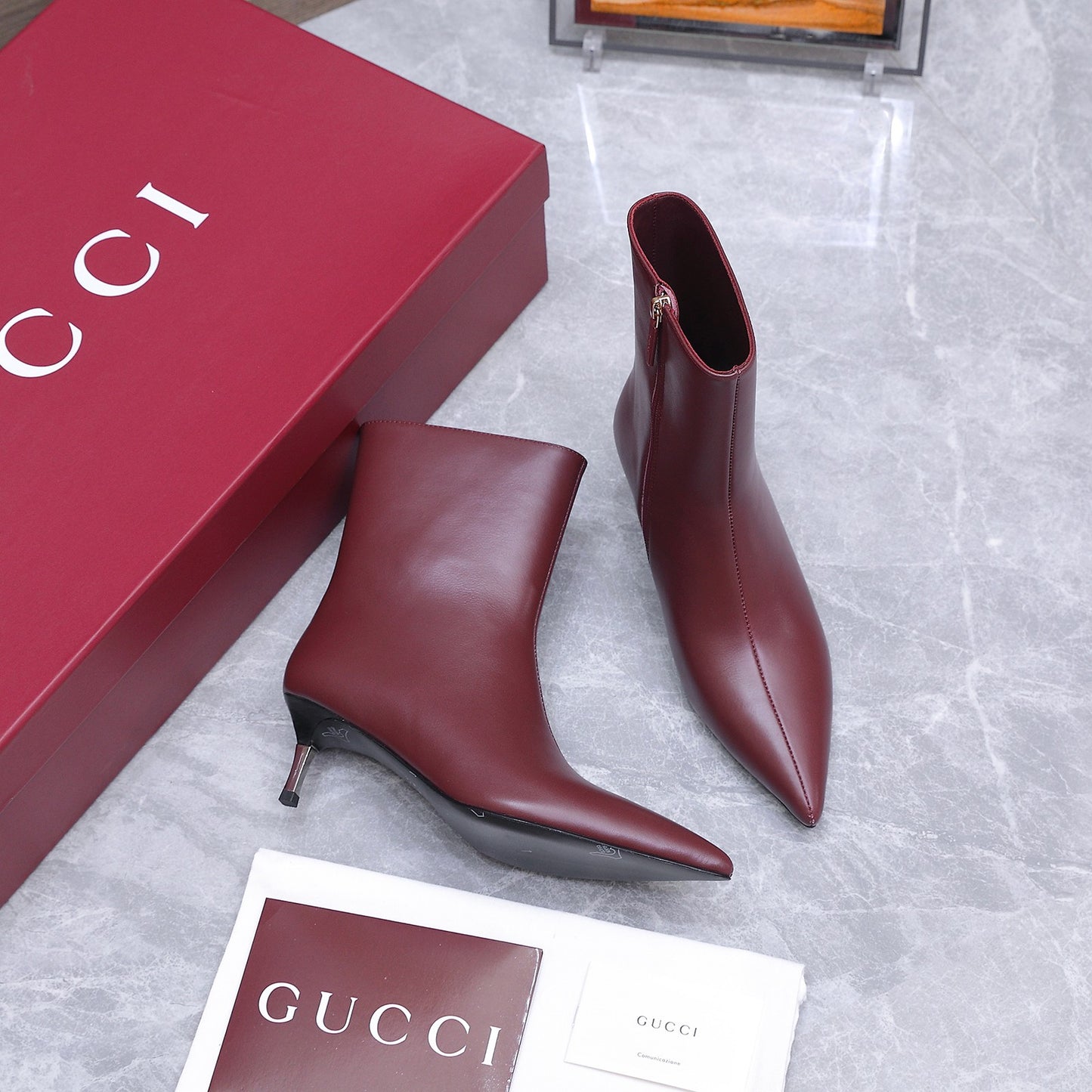 GG Smooth Leather Ankle Boots – Deep Oxblood Burgundy Calfskin Pointed-Toe Ankle Boots