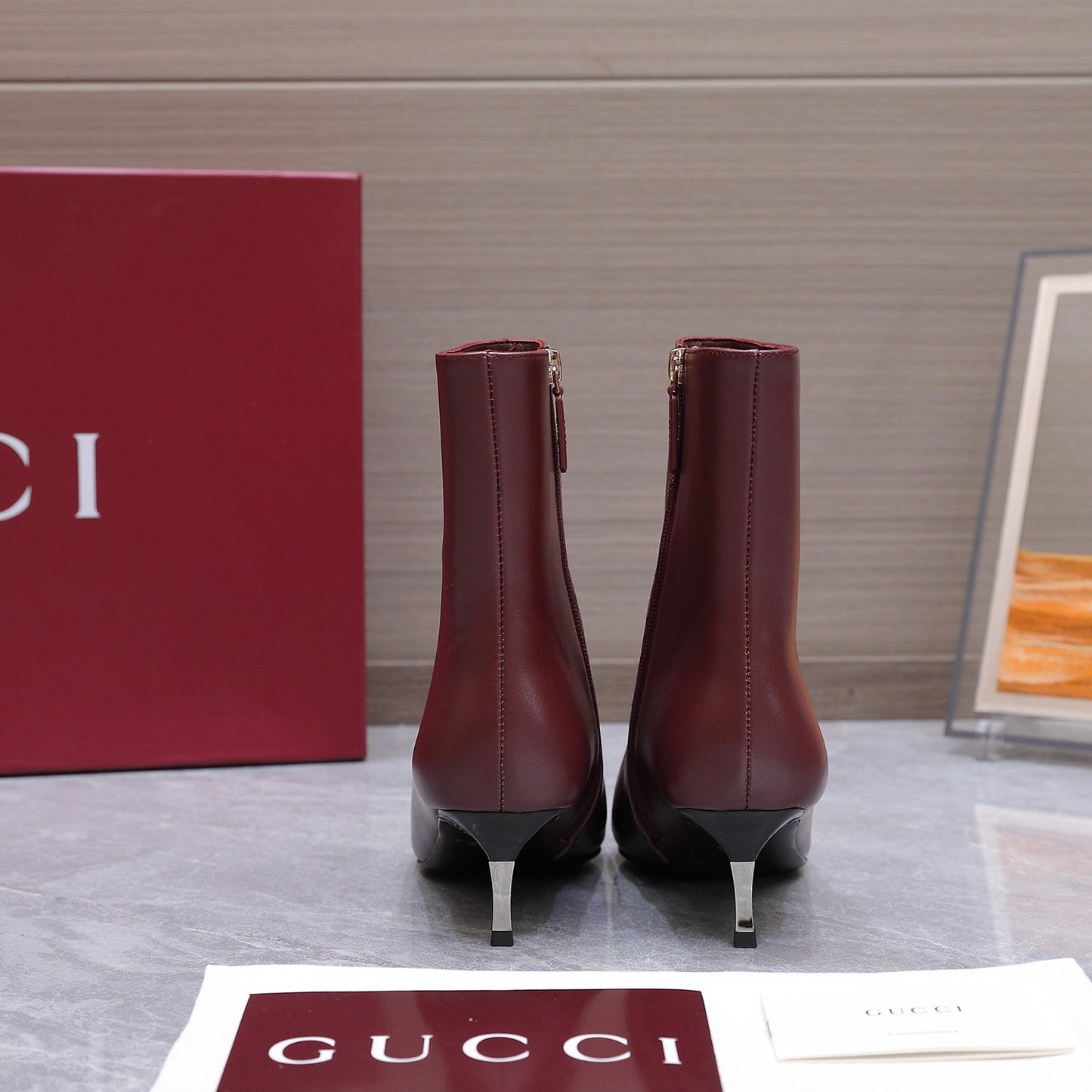 GG Smooth Leather Ankle Boots – Deep Oxblood Burgundy Calfskin Pointed-Toe Ankle Boots