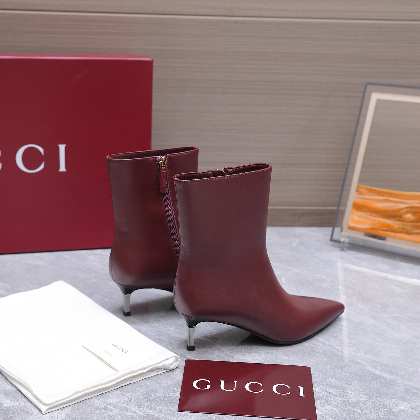 GG Smooth Leather Ankle Boots – Deep Oxblood Burgundy Calfskin Pointed-Toe Ankle Boots