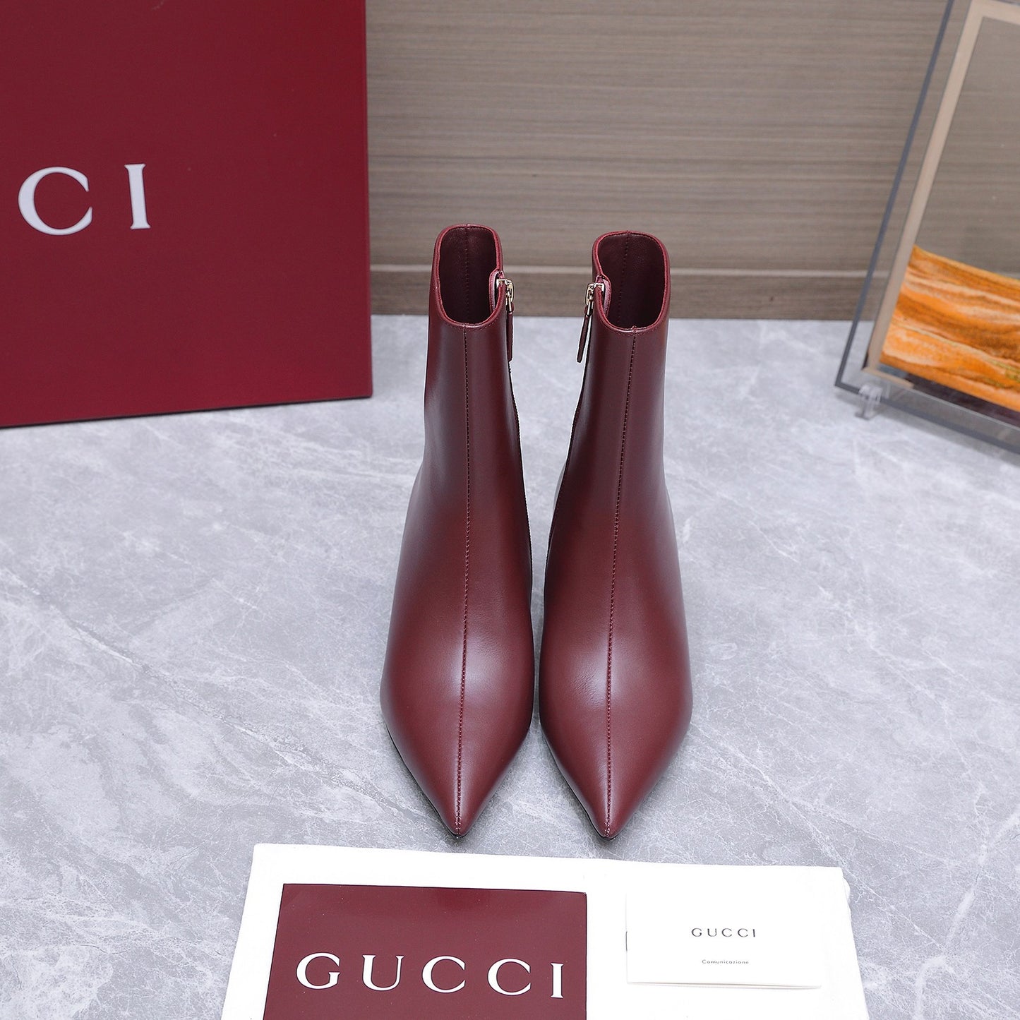 GG Smooth Leather Ankle Boots – Deep Oxblood Burgundy Calfskin Pointed-Toe Ankle Boots