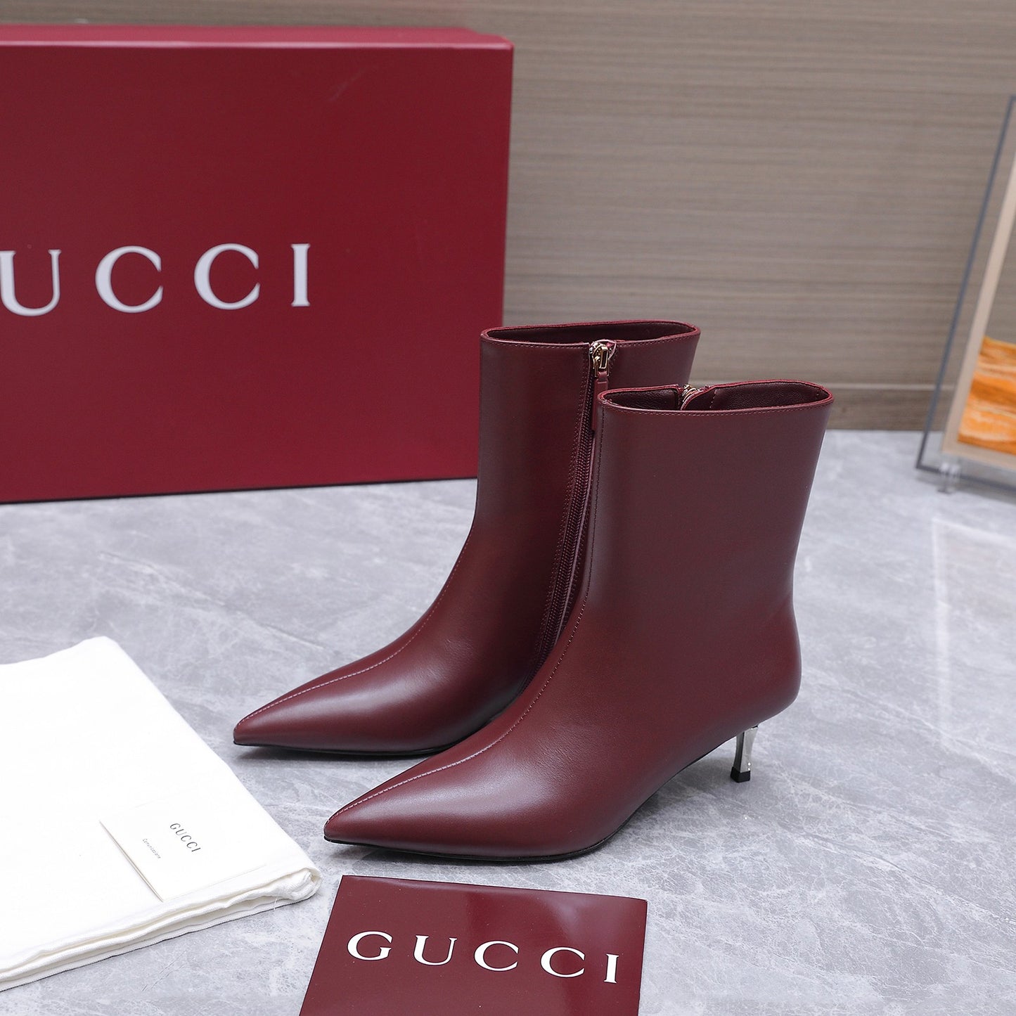 GG Smooth Leather Ankle Boots – Deep Oxblood Burgundy Calfskin Pointed-Toe Ankle Boots