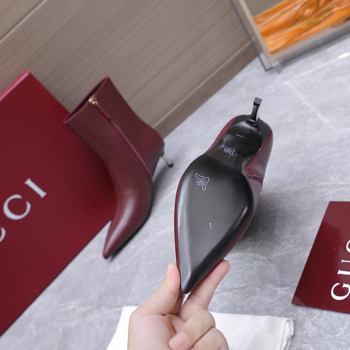 GG Smooth Leather Ankle Boots – Deep Oxblood Burgundy Calfskin Pointed-Toe Ankle Boots