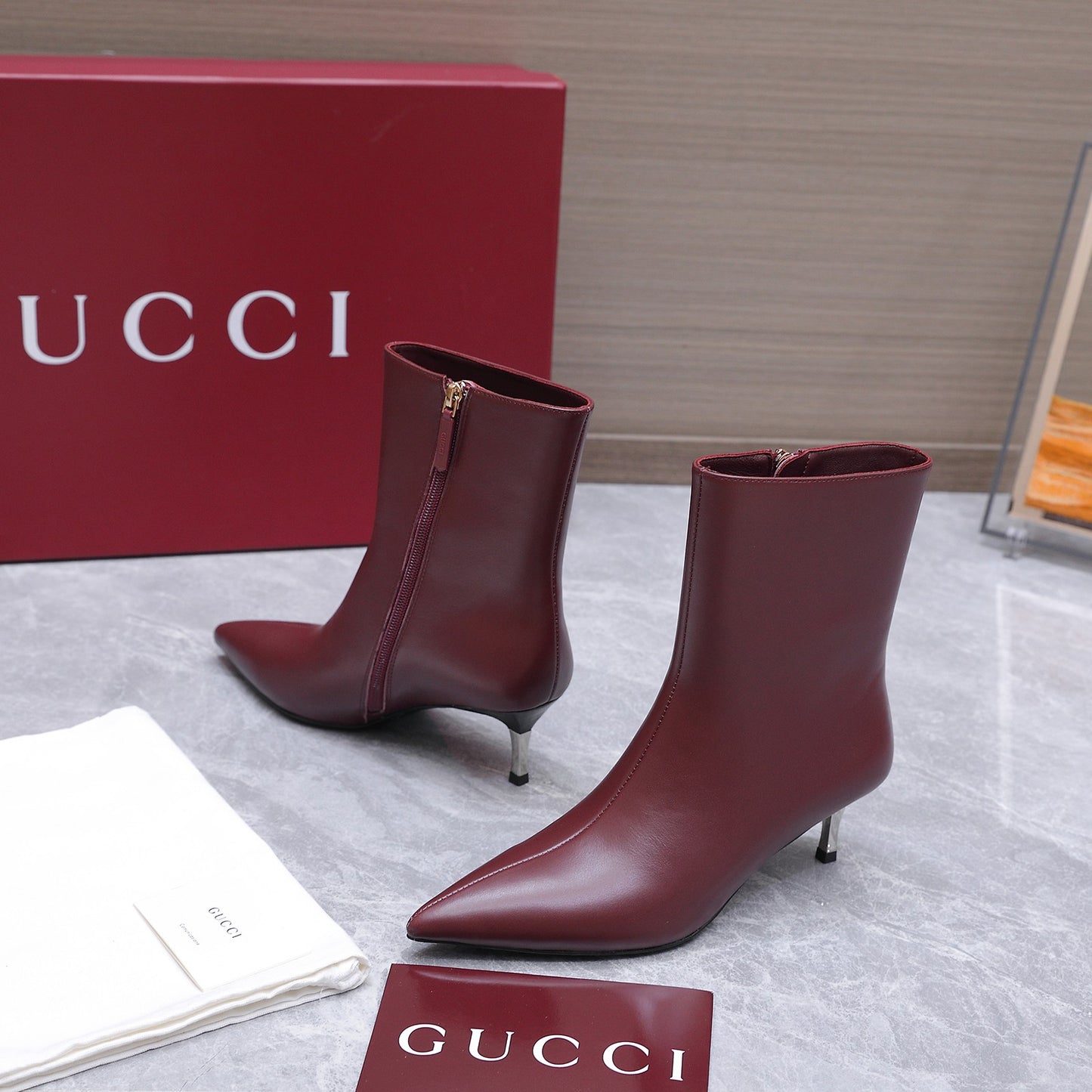 GG Smooth Leather Ankle Boots – Deep Oxblood Burgundy Calfskin Pointed-Toe Ankle Boots