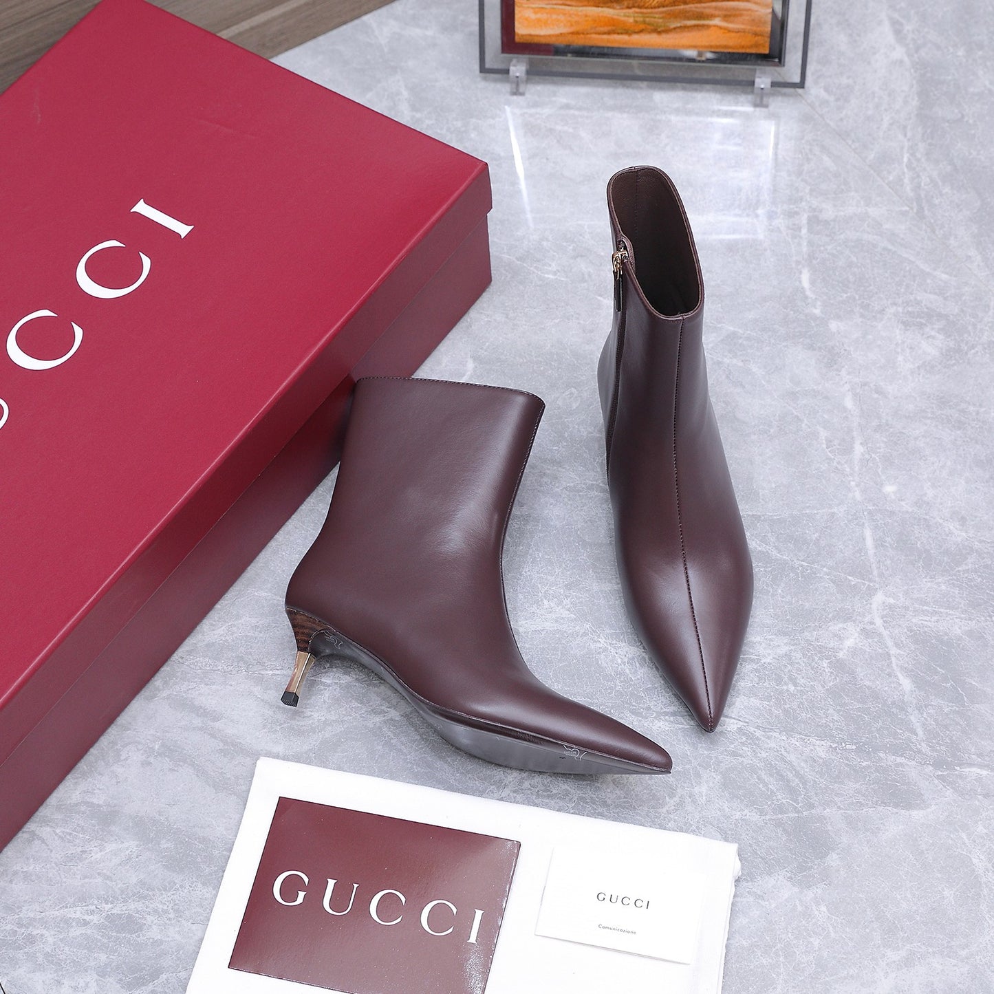 GG Smooth Leather Ankle Boots – Deep Espresso Brown Calfskin Pointed-Toe Ankle Boots