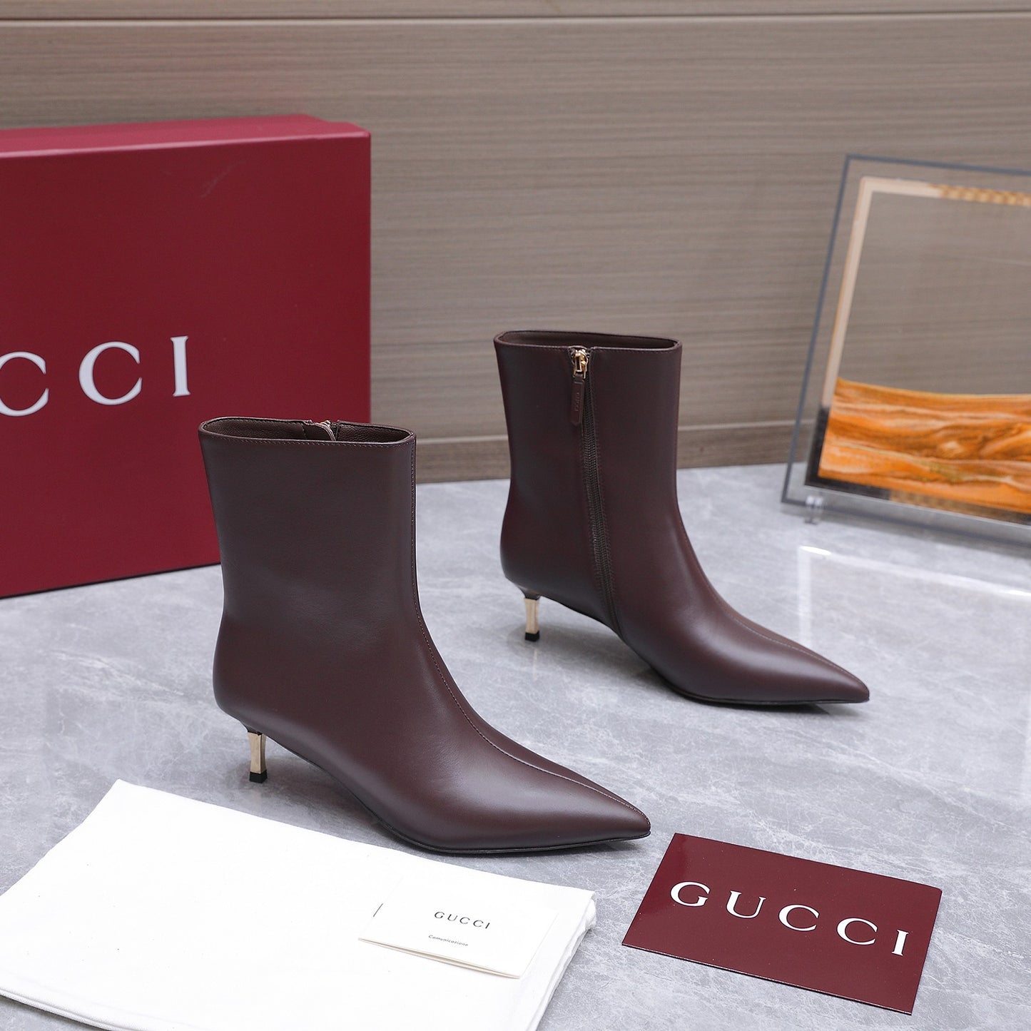 GG Smooth Leather Ankle Boots – Deep Espresso Brown Calfskin Pointed-Toe Ankle Boots
