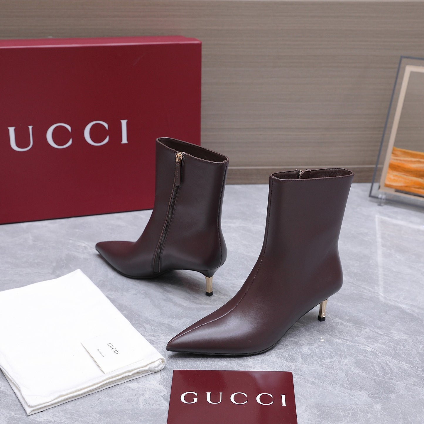 GG Smooth Leather Ankle Boots – Deep Espresso Brown Calfskin Pointed-Toe Ankle Boots