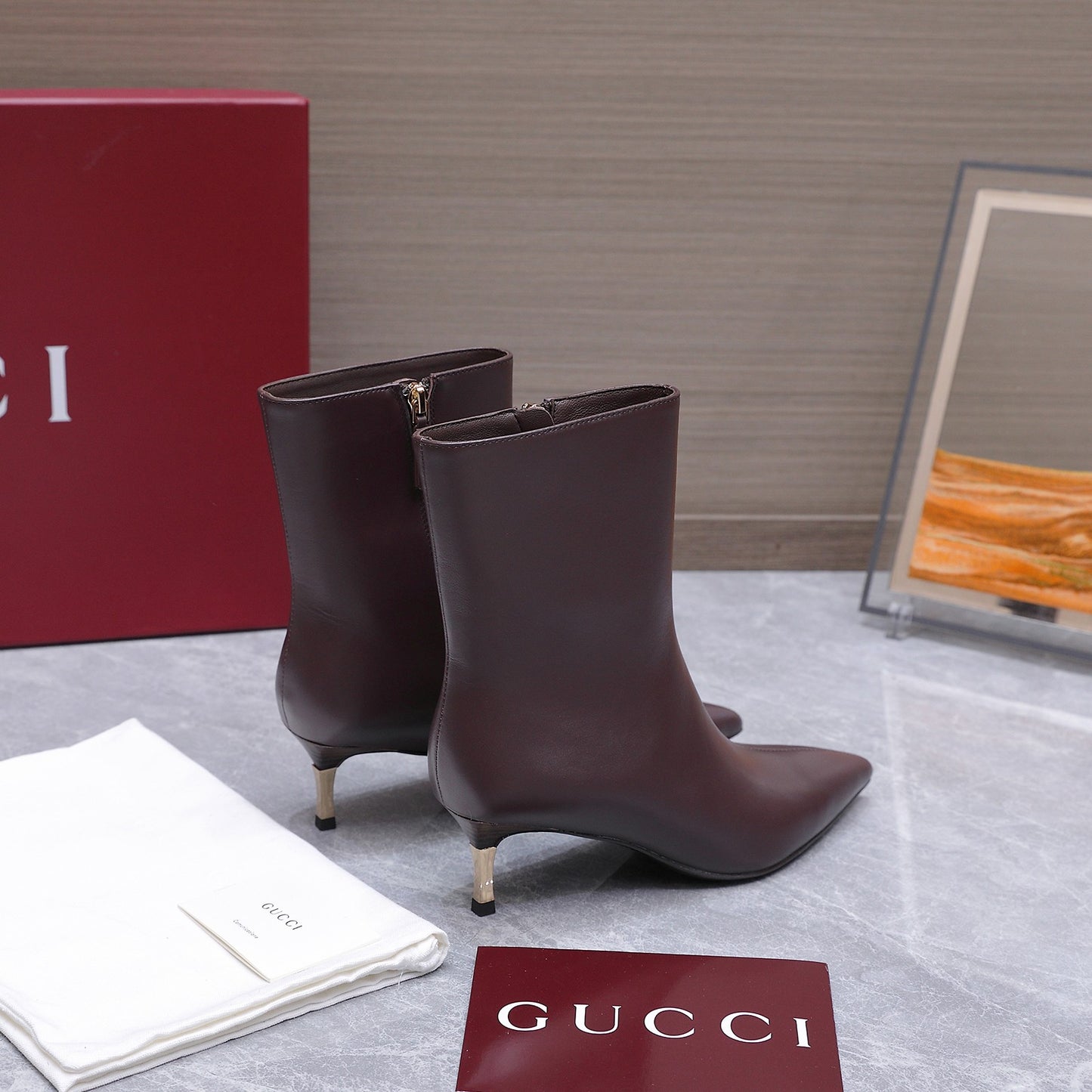 GG Smooth Leather Ankle Boots – Deep Espresso Brown Calfskin Pointed-Toe Ankle Boots