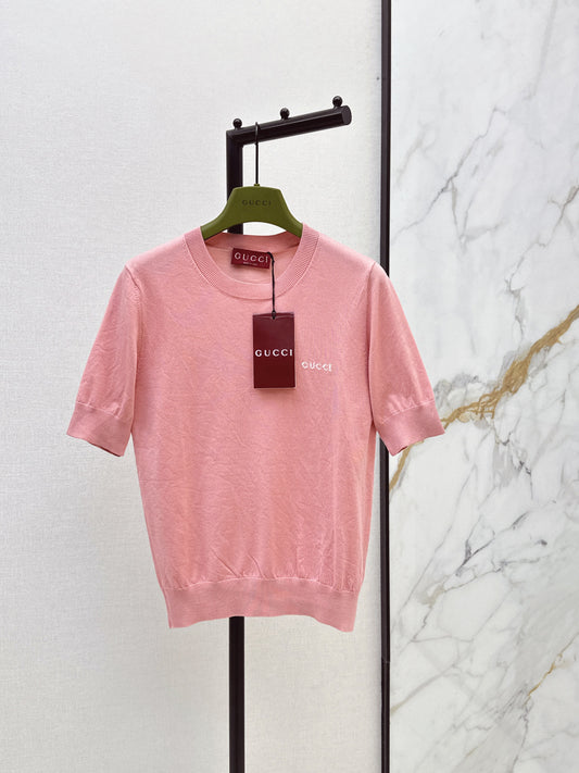 GG Short-Sleeve Knit Top – Sugary Bubblegum Pink Ultra-Fine Gauge Luxury Yarn Sweater