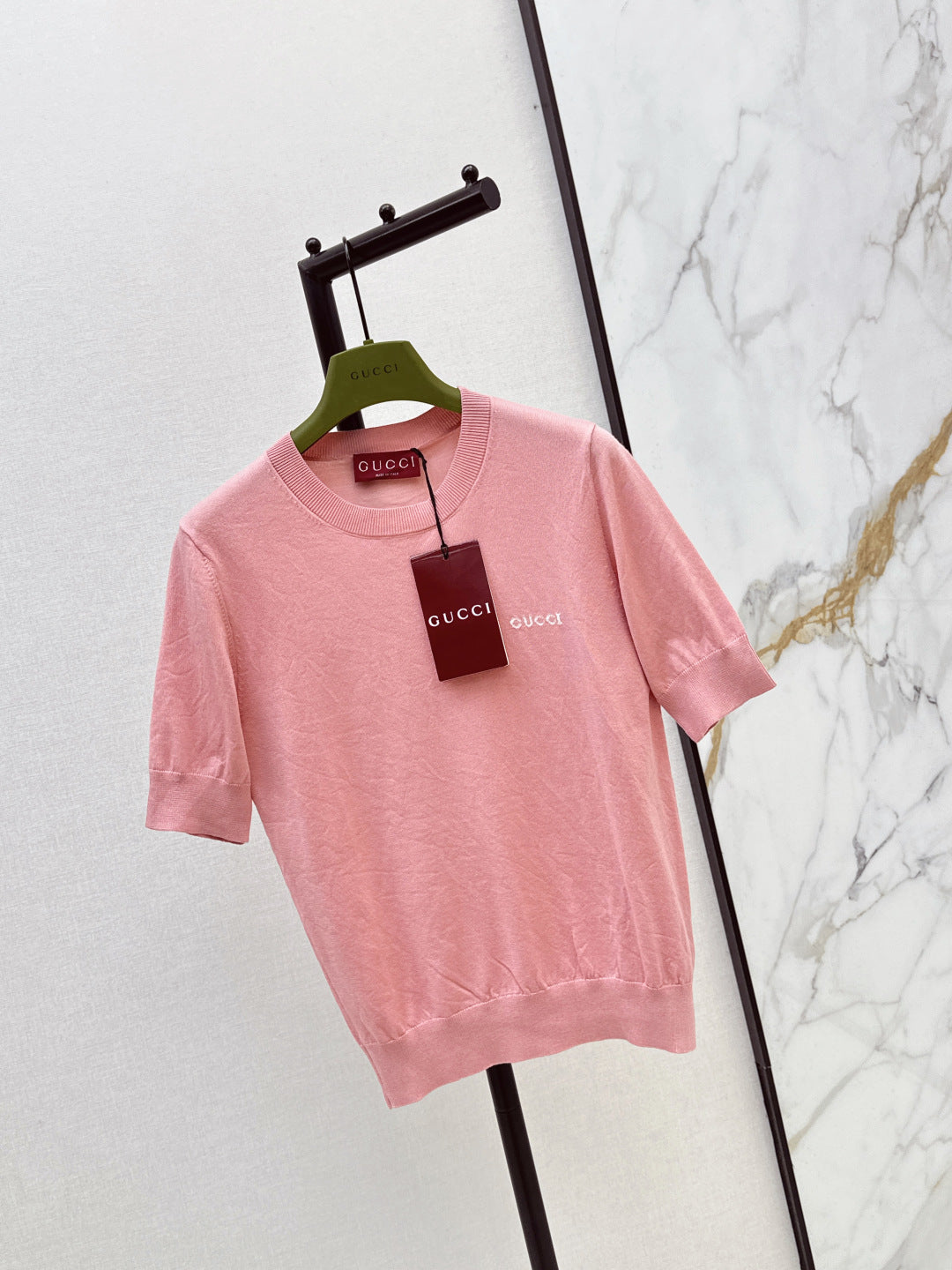 GG Short-Sleeve Knit Top – Sugary Bubblegum Pink Ultra-Fine Gauge Luxury Yarn Sweater