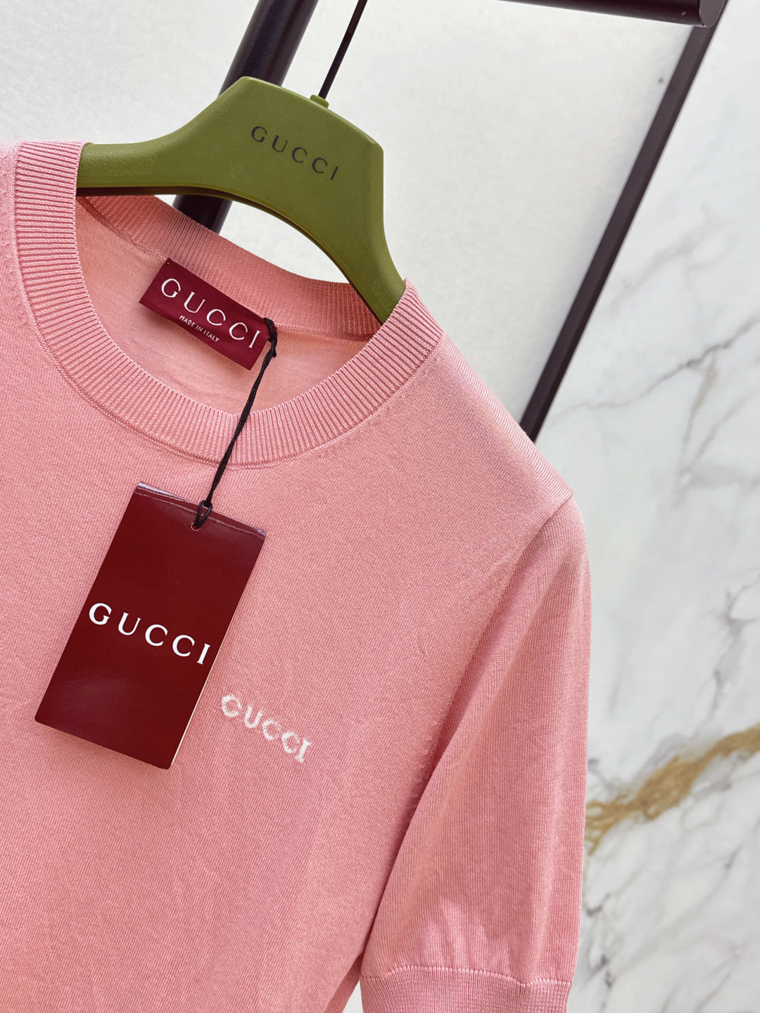 GG Short-Sleeve Knit Top – Sugary Bubblegum Pink Ultra-Fine Gauge Luxury Yarn Sweater