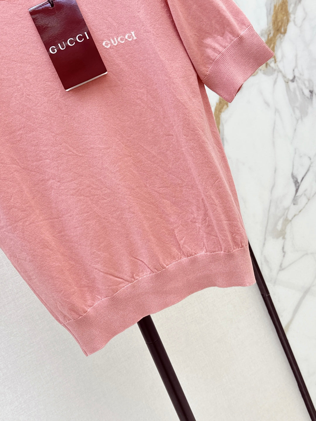 GG Short-Sleeve Knit Top – Sugary Bubblegum Pink Ultra-Fine Gauge Luxury Yarn Sweater