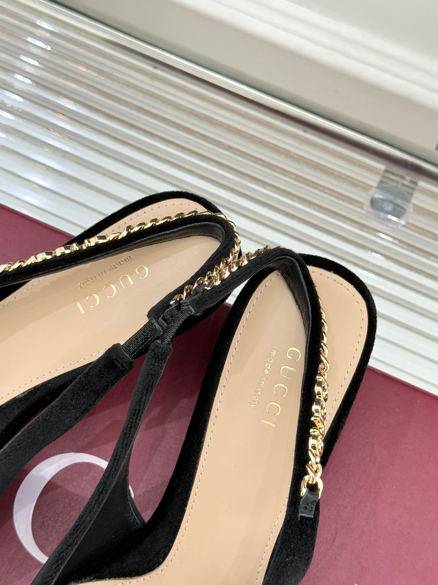 GG Signoria Slingback Pump – Black Suede Kitten Heel with Gold Chain