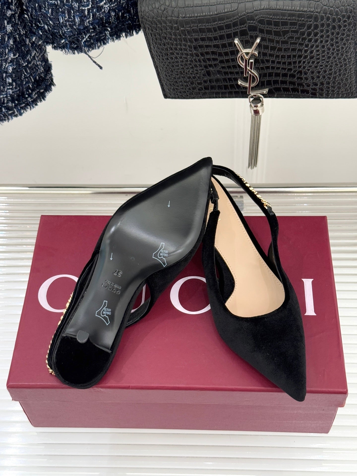 GG Signoria Slingback Pump – Black Suede Kitten Heel with Gold Chain
