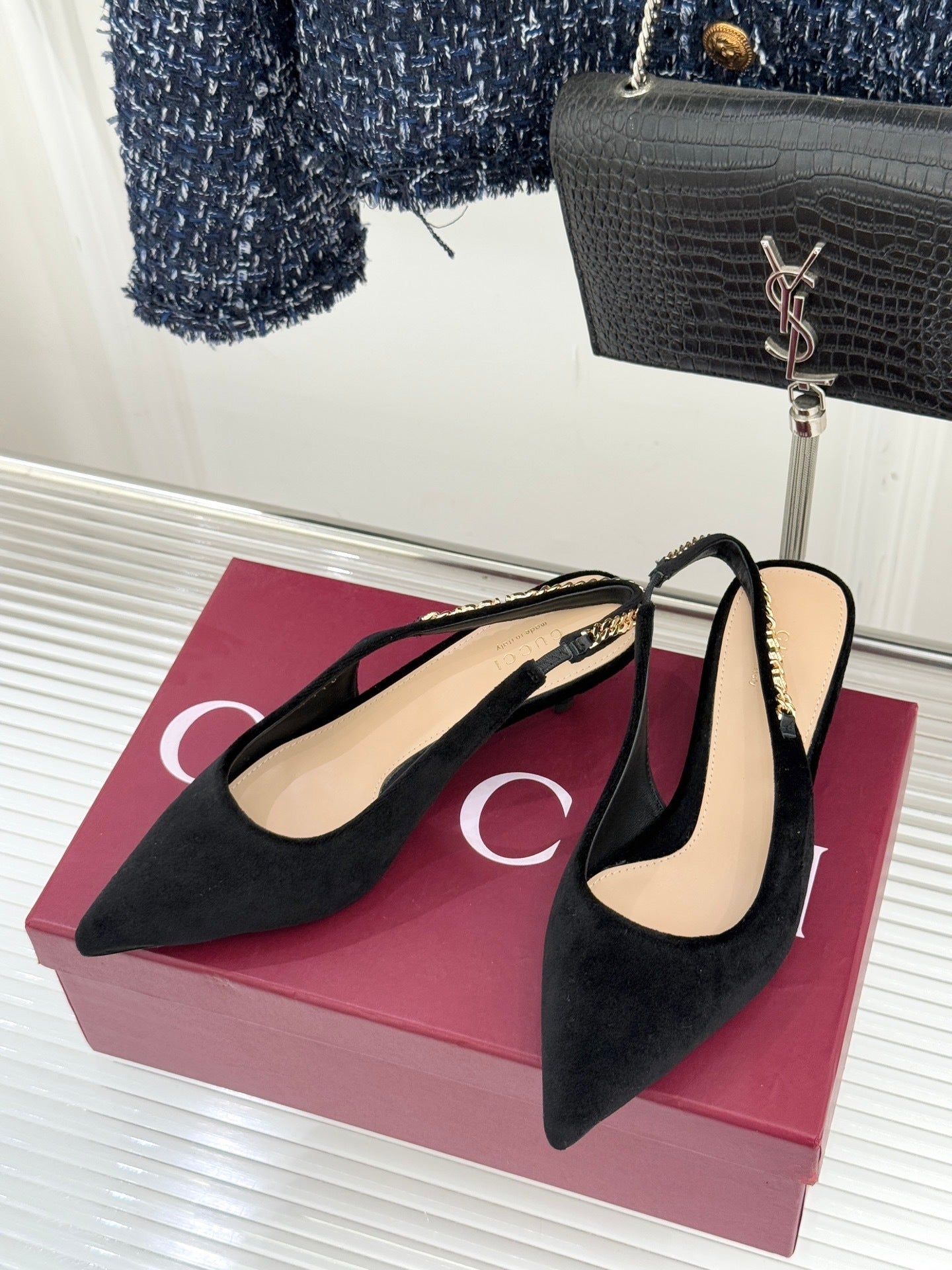 GG Signoria Slingback Pump – Black Suede Kitten Heel with Gold Chain