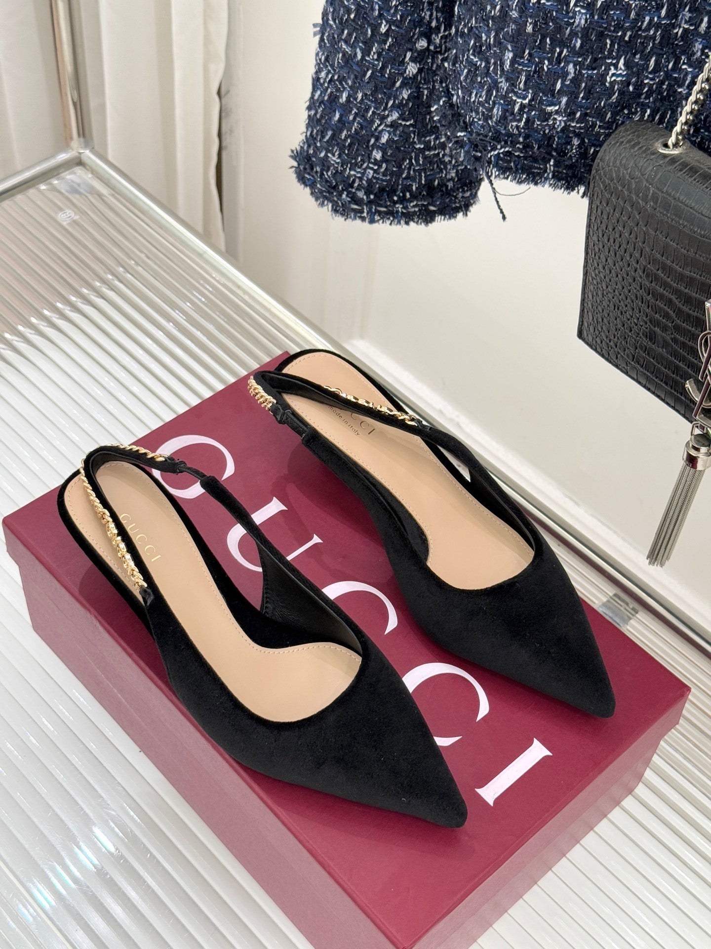 GG Signoria Slingback Pump – Black Suede Kitten Heel with Gold Chain