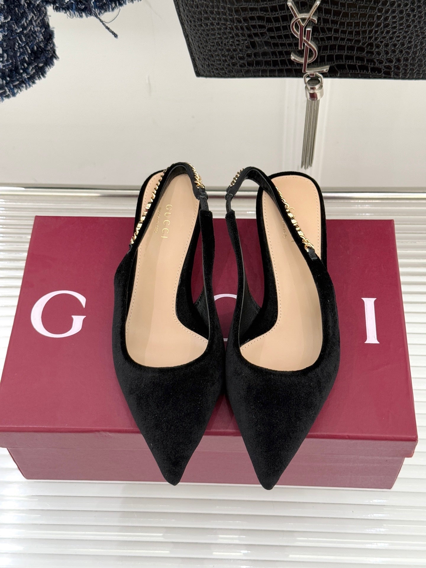 GG Signoria Slingback Pump – Black Suede Kitten Heel with Gold Chain