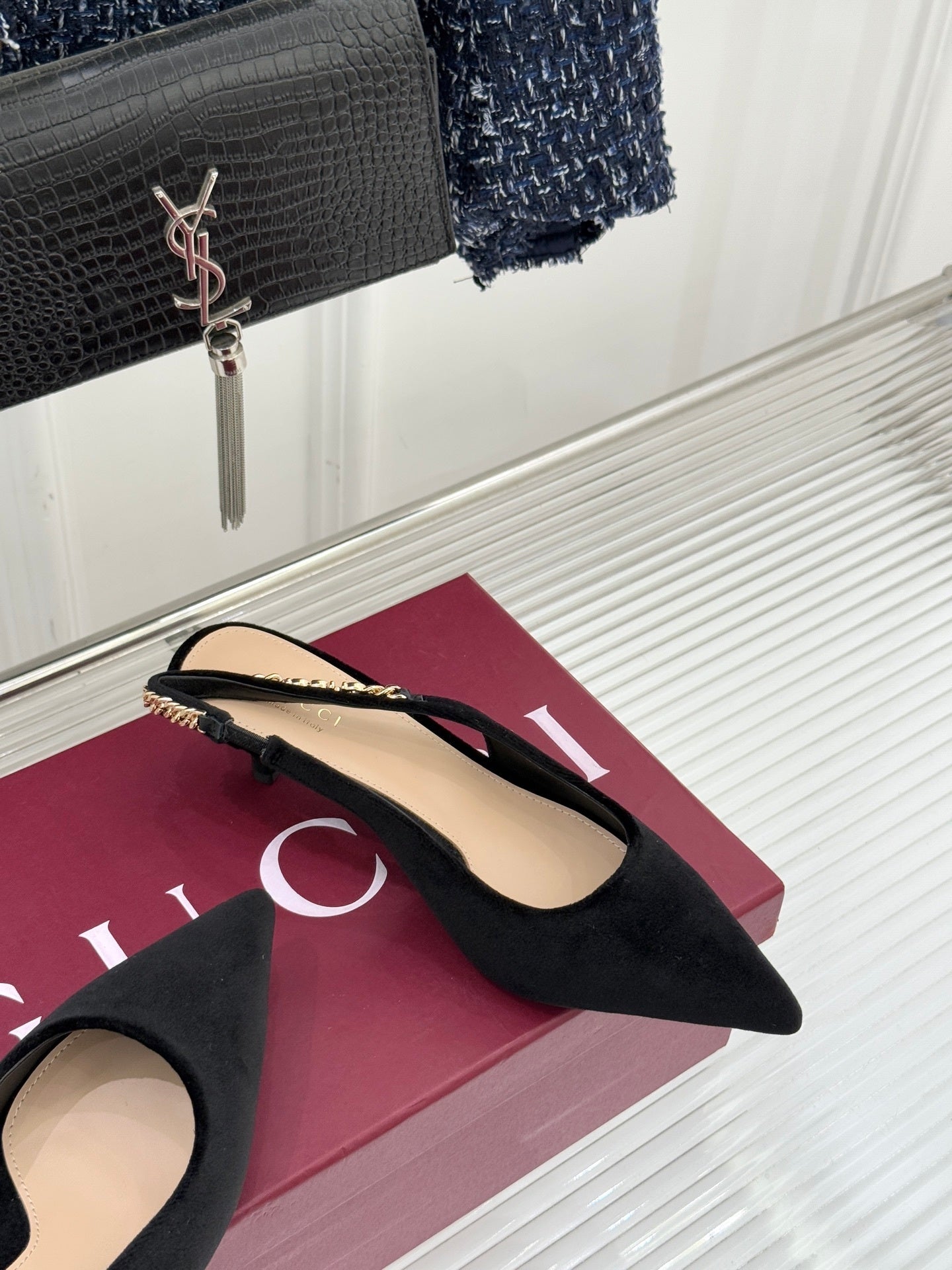 GG Signoria Slingback Pump – Black Suede Kitten Heel with Gold Chain