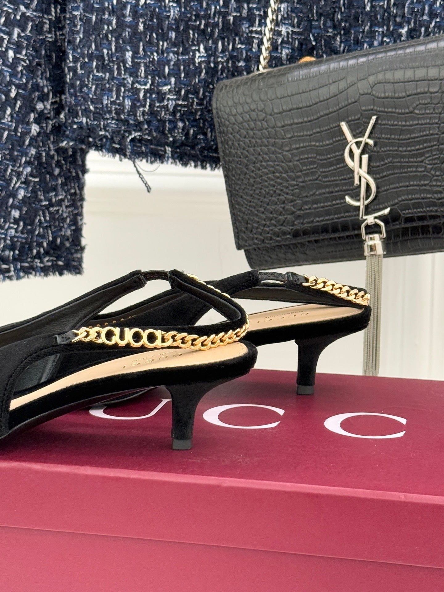 GG Signoria Slingback Pump – Black Suede Kitten Heel with Gold Chain