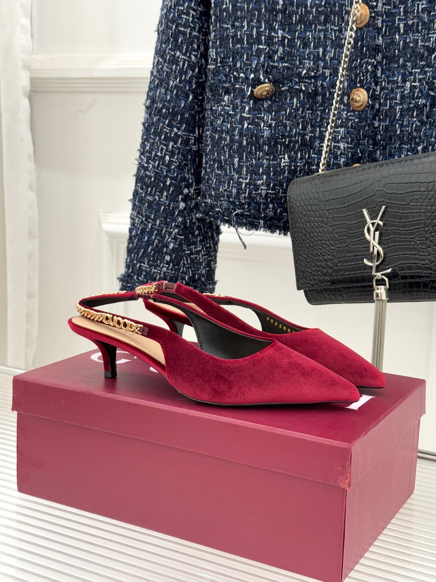 GG Signoria Slingback Pump – Rosso Ancora Velvet Kitten Heel