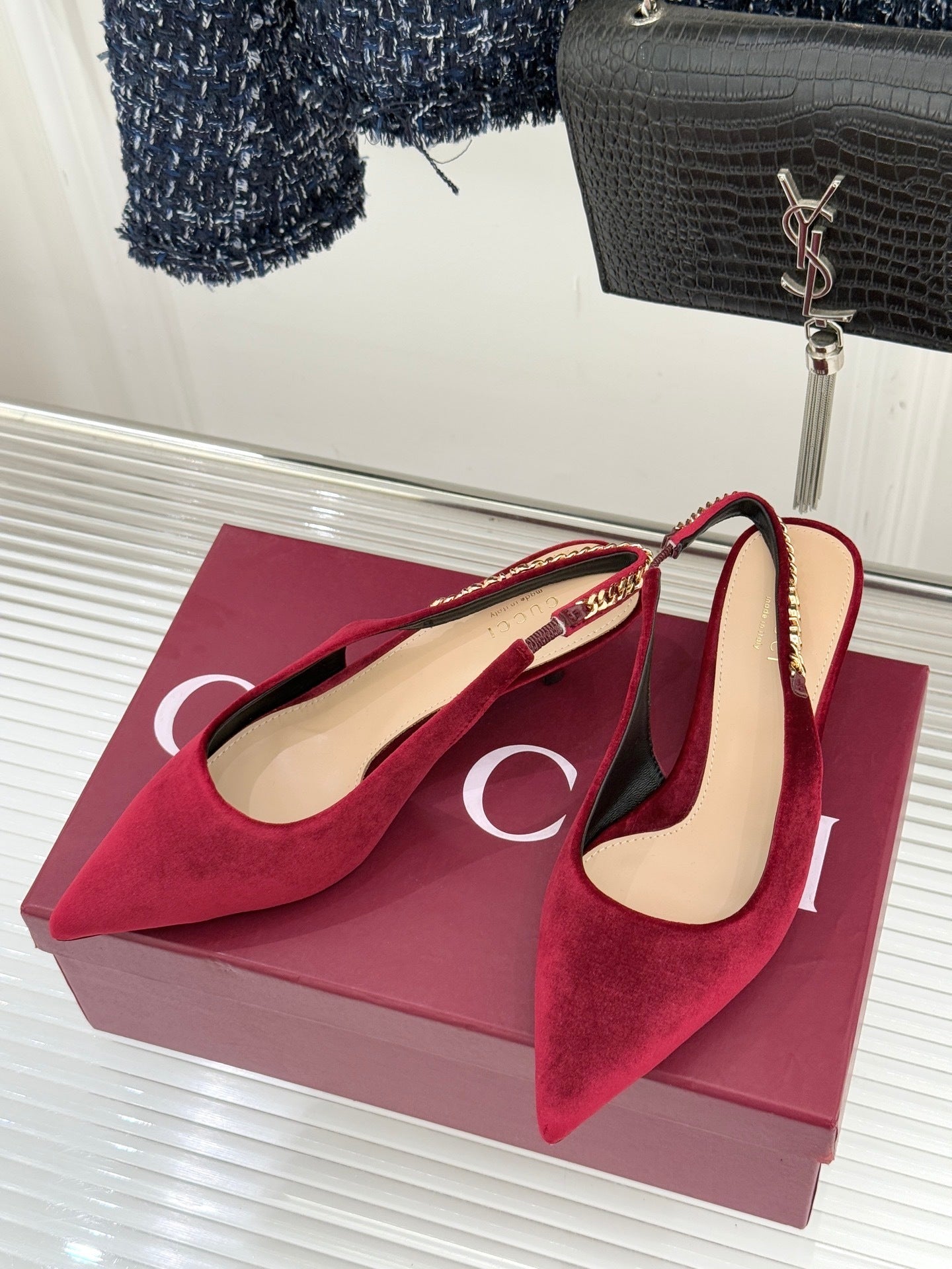 GG Signoria Slingback Pump – Rosso Ancora Velvet Kitten Heel