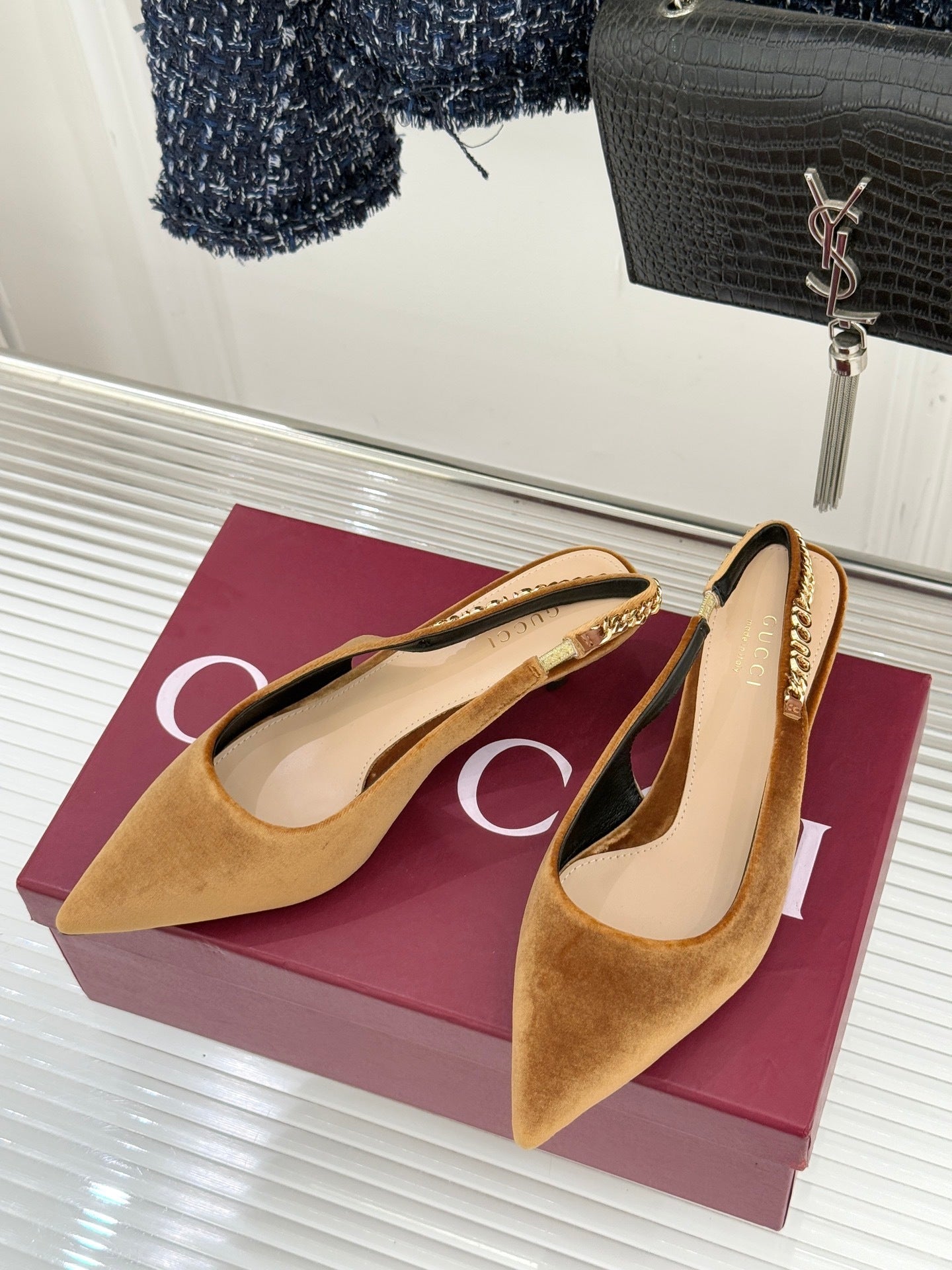 GG Signoria Slingback Pump – Rosso Ancora Velvet Pointed-Toe Kitten Heel