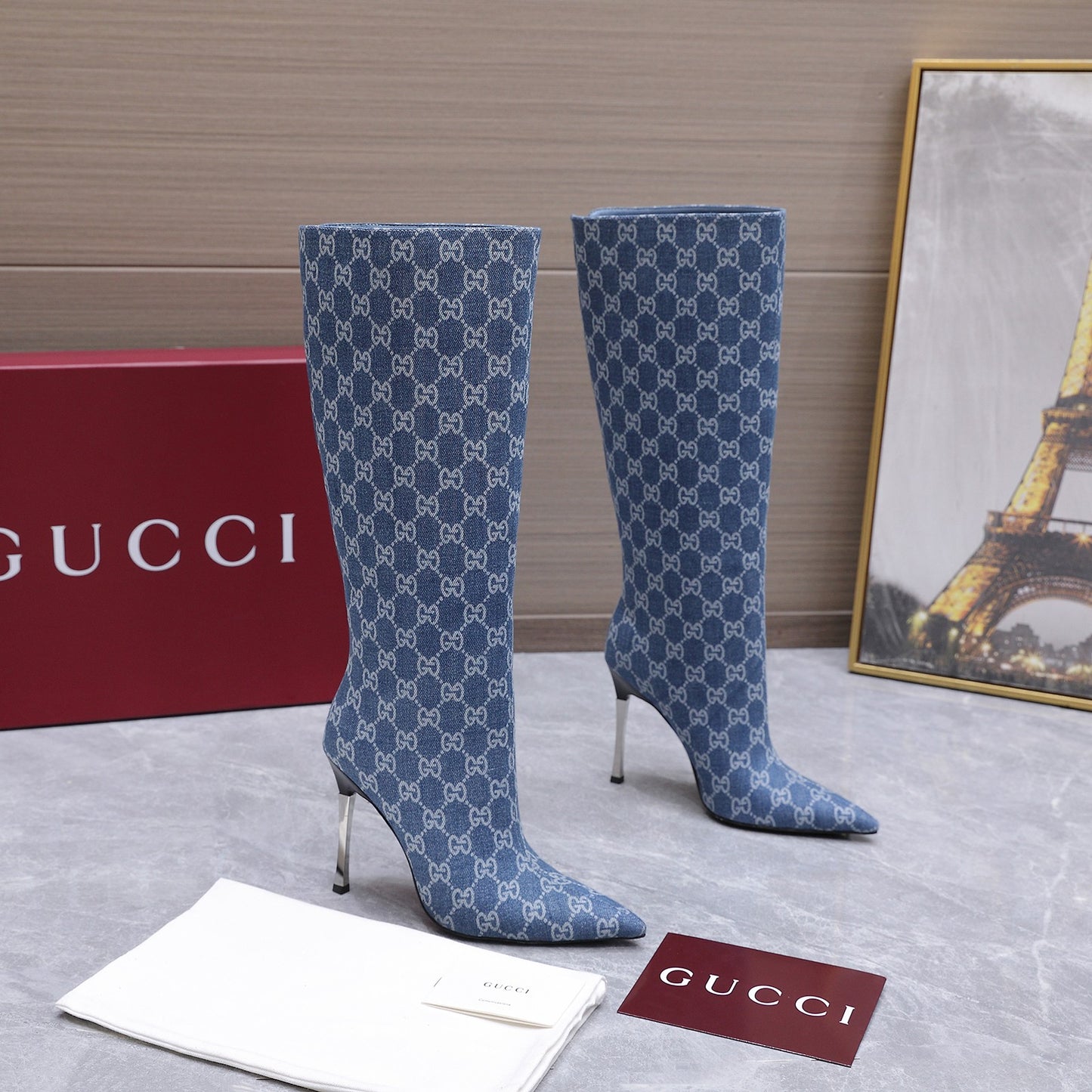 GG Denim Knee High Boots – Vintage Indigo Blue Monogram Denim Pointed-Toe Tall Boots