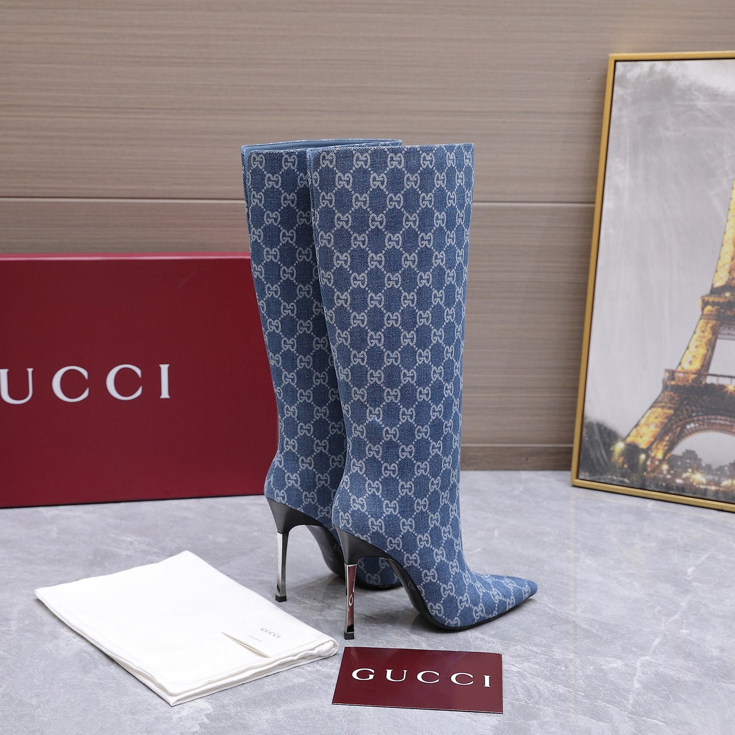 GG Denim Knee High Boots – Vintage Indigo Blue Monogram Denim Pointed-Toe Tall Boots