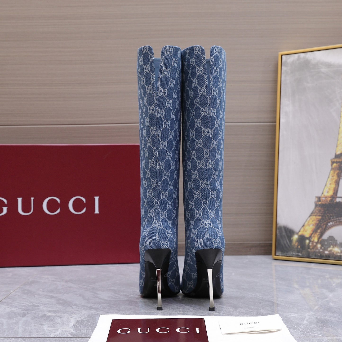 GG Denim Knee High Boots – Vintage Indigo Blue Monogram Denim Pointed-Toe Tall Boots