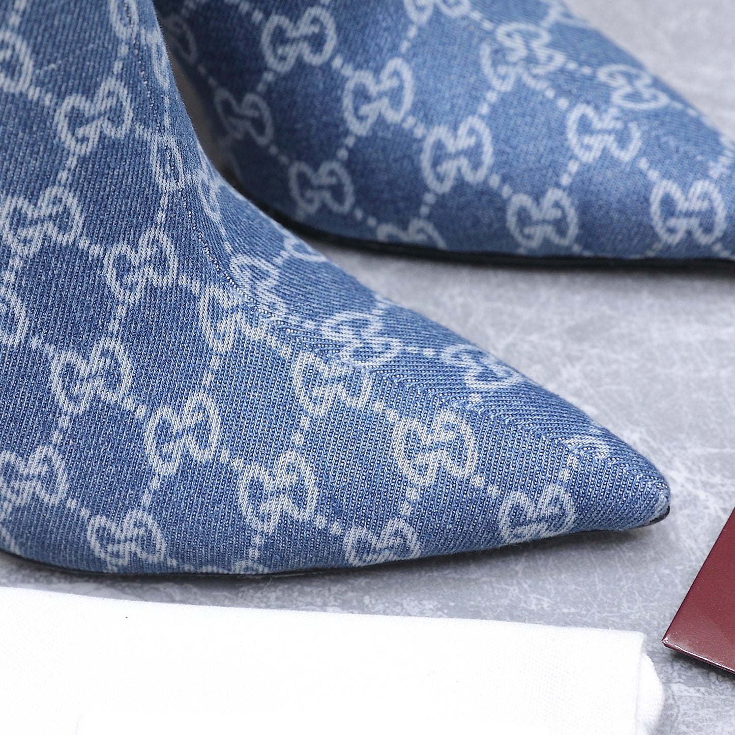 GG Denim Knee High Boots – Vintage Indigo Blue Monogram Denim Pointed-Toe Tall Boots