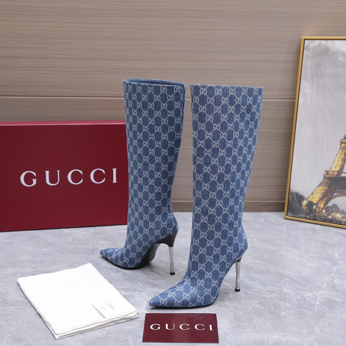 GG Denim Knee High Boots – Vintage Indigo Blue Monogram Denim Pointed-Toe Tall Boots