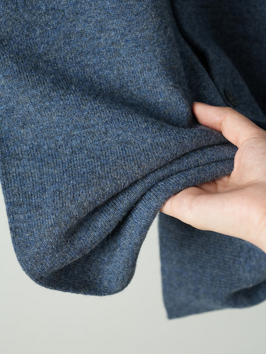 Crewneck Knit Cardigan – Heather Blue Melange Fine Wool Button-Up Sweater