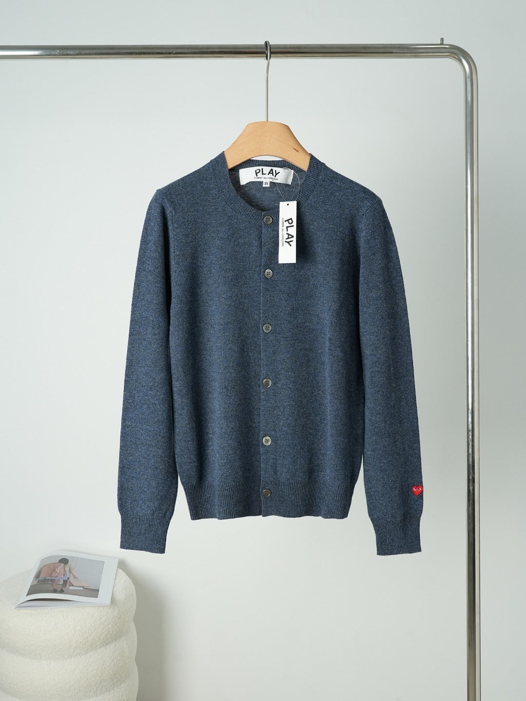 Crewneck Knit Cardigan – Heather Blue Melange Fine Wool Button-Up Sweater