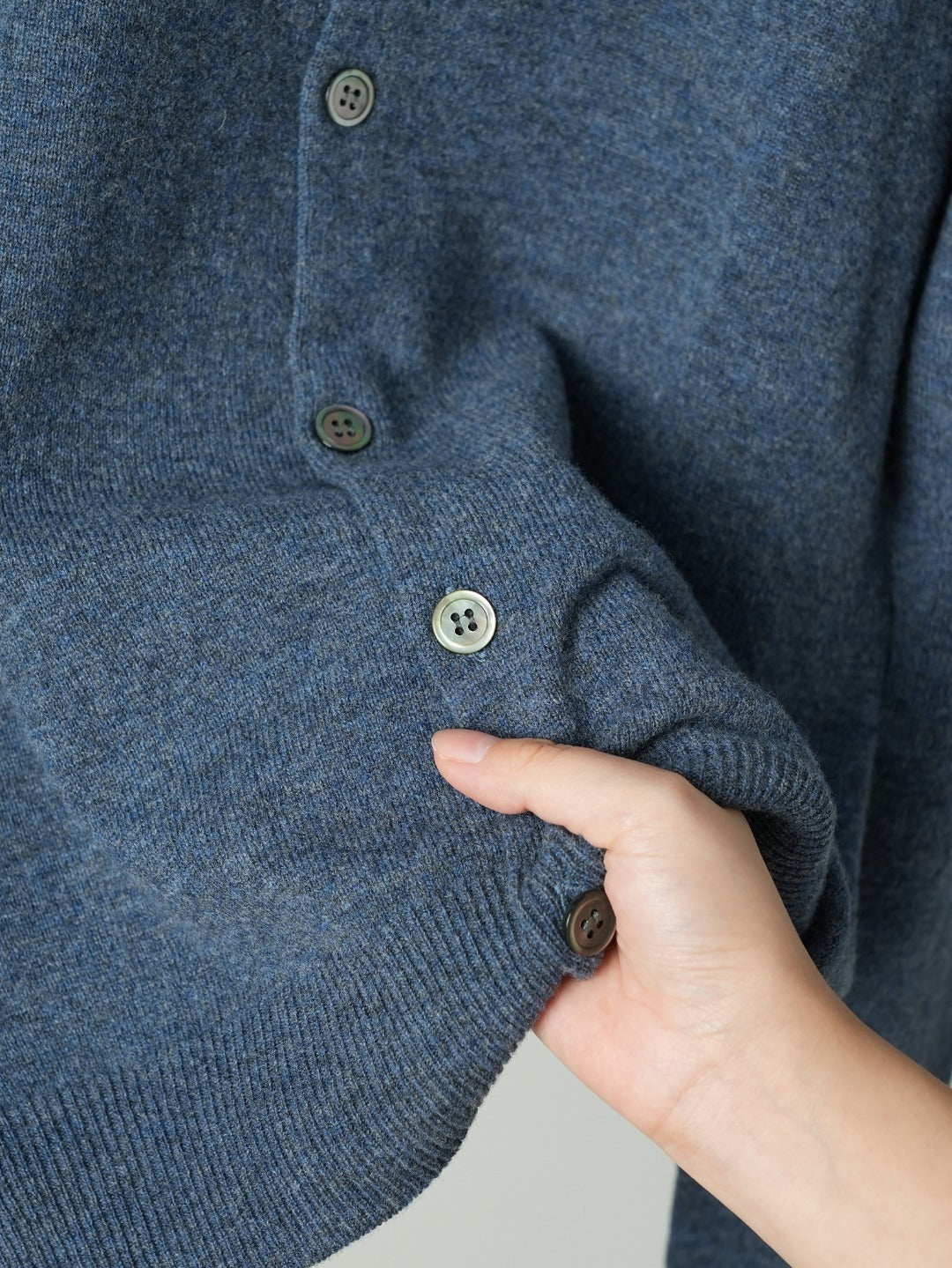 Crewneck Knit Cardigan – Heather Blue Melange Fine Wool Button-Up Sweater