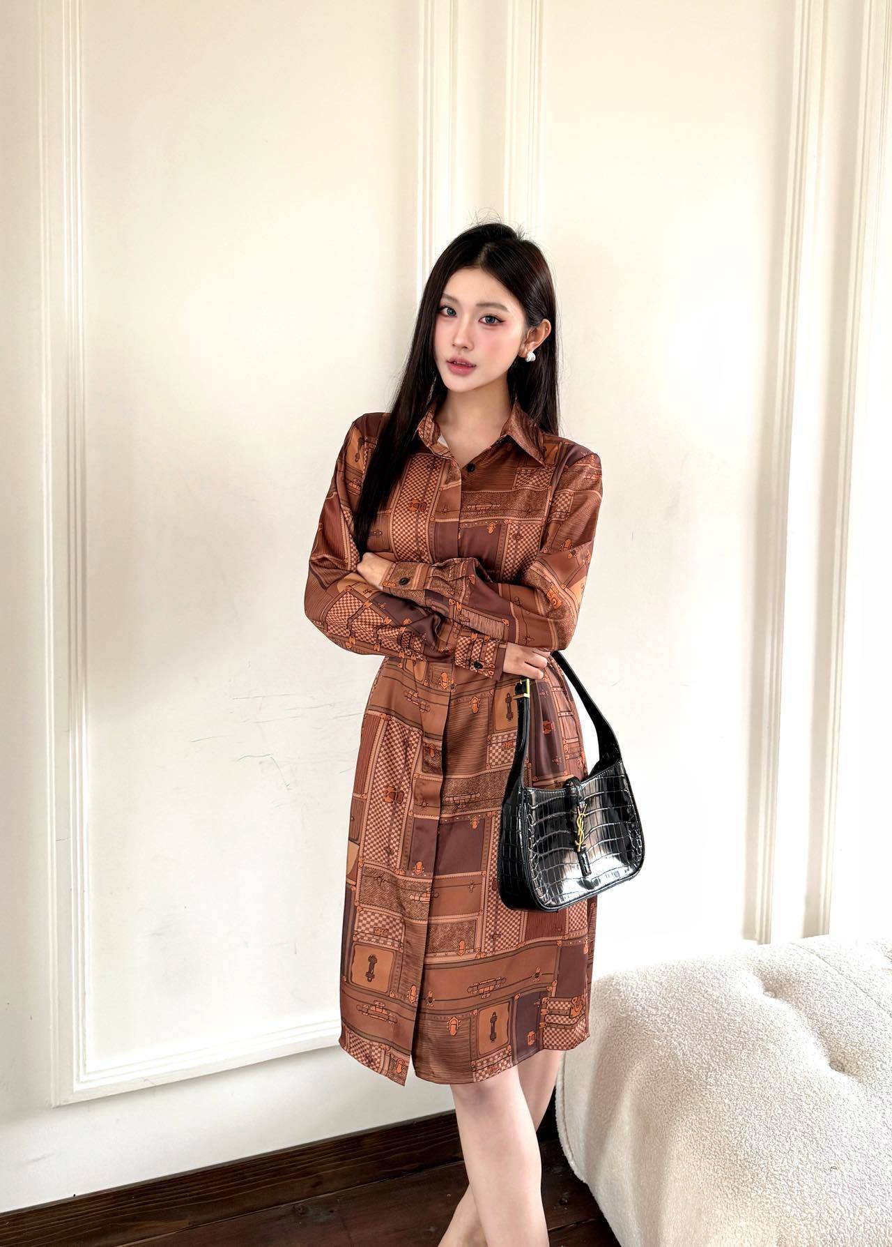 Trunk Print Silk Shirt Dress – Heritage Illustration Silk Twill Midi