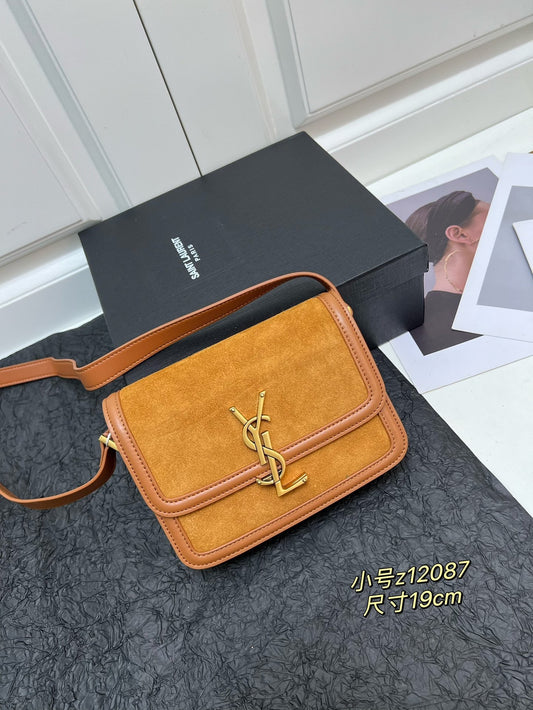YSL  Solferino Satchel – Brown Suede with Gold YSL Cassandre