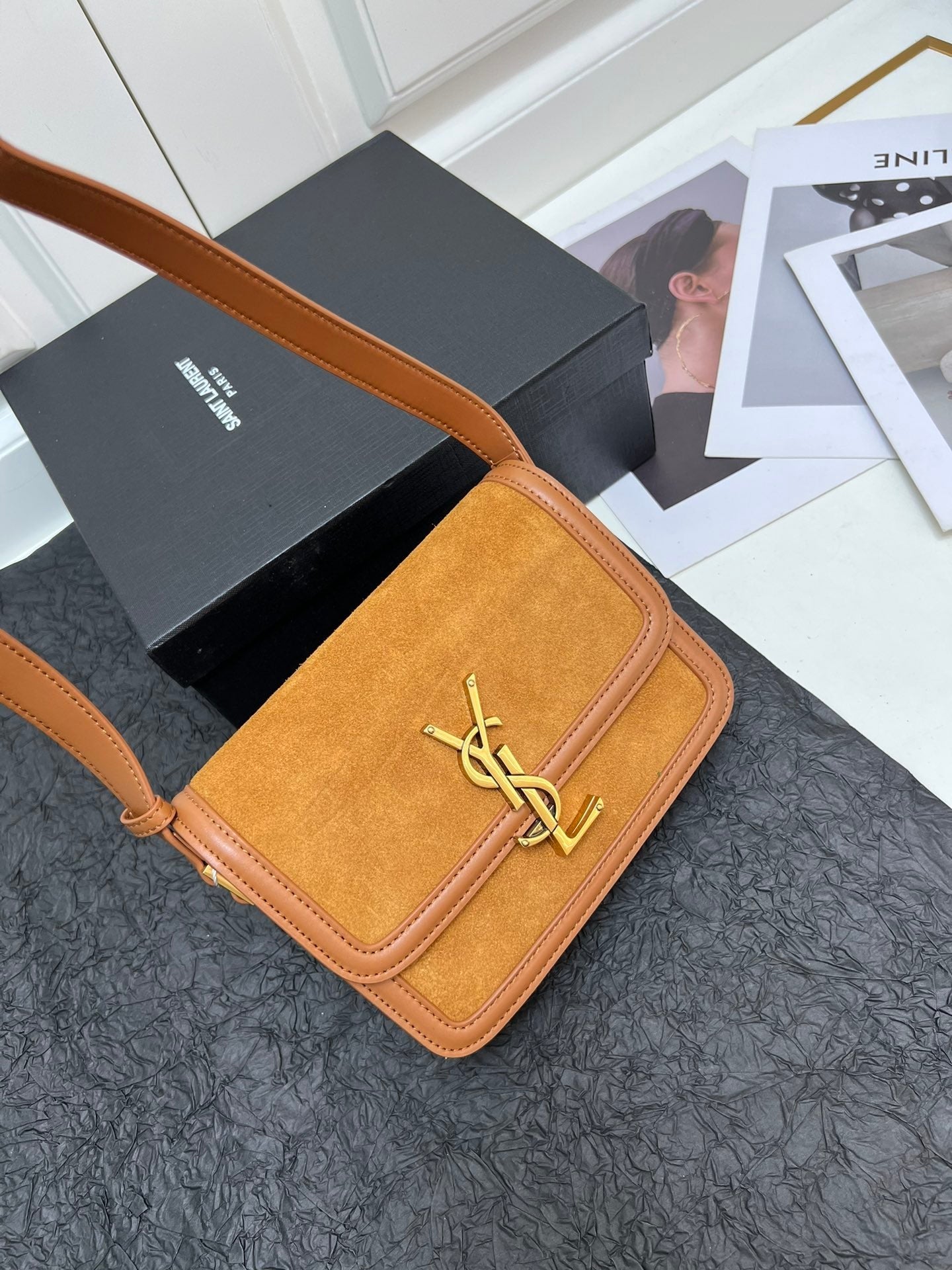 YSL  Solferino Satchel – Brown Suede with Gold YSL Cassandre