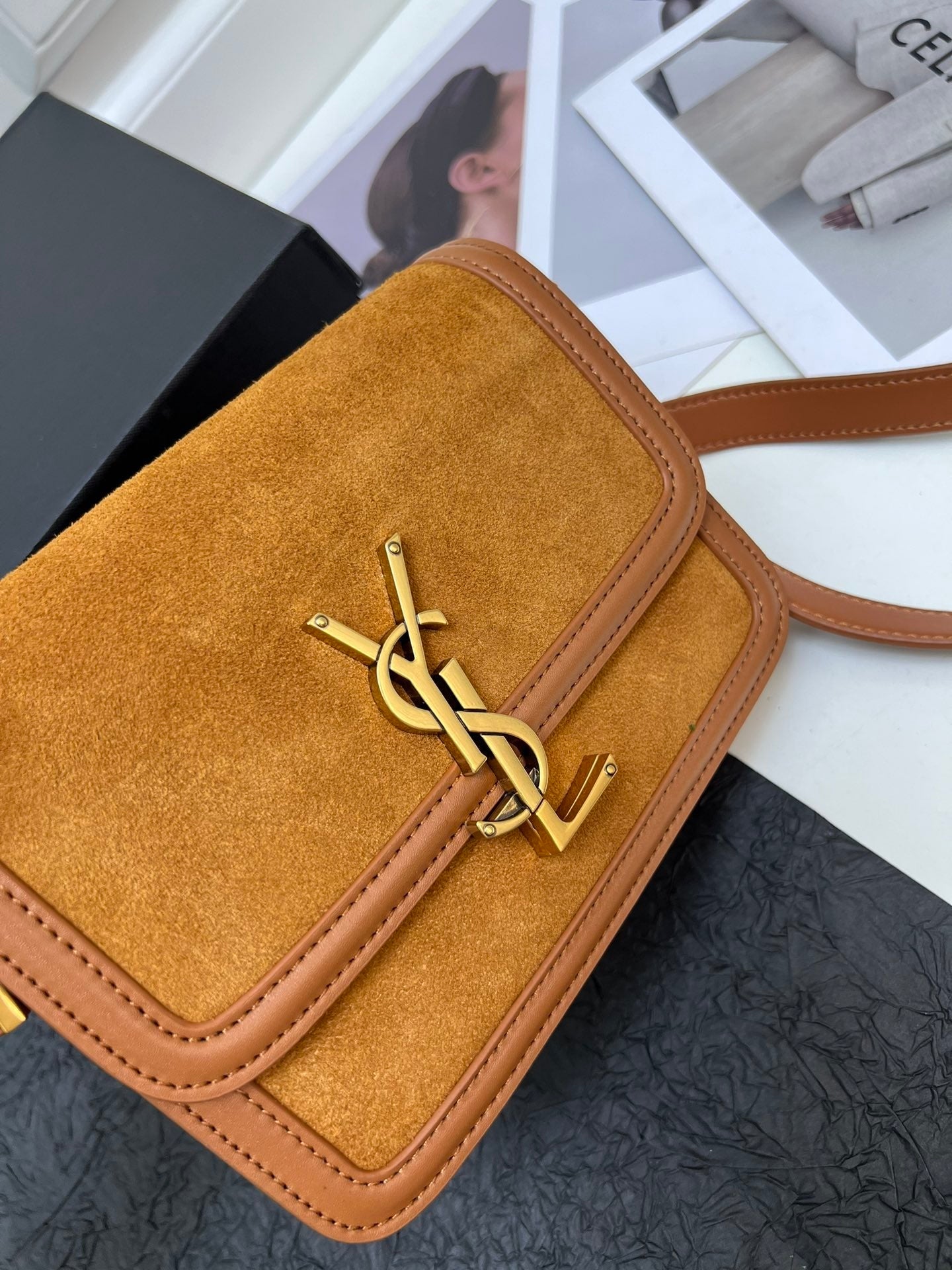 YSL  Solferino Satchel – Brown Suede with Gold YSL Cassandre