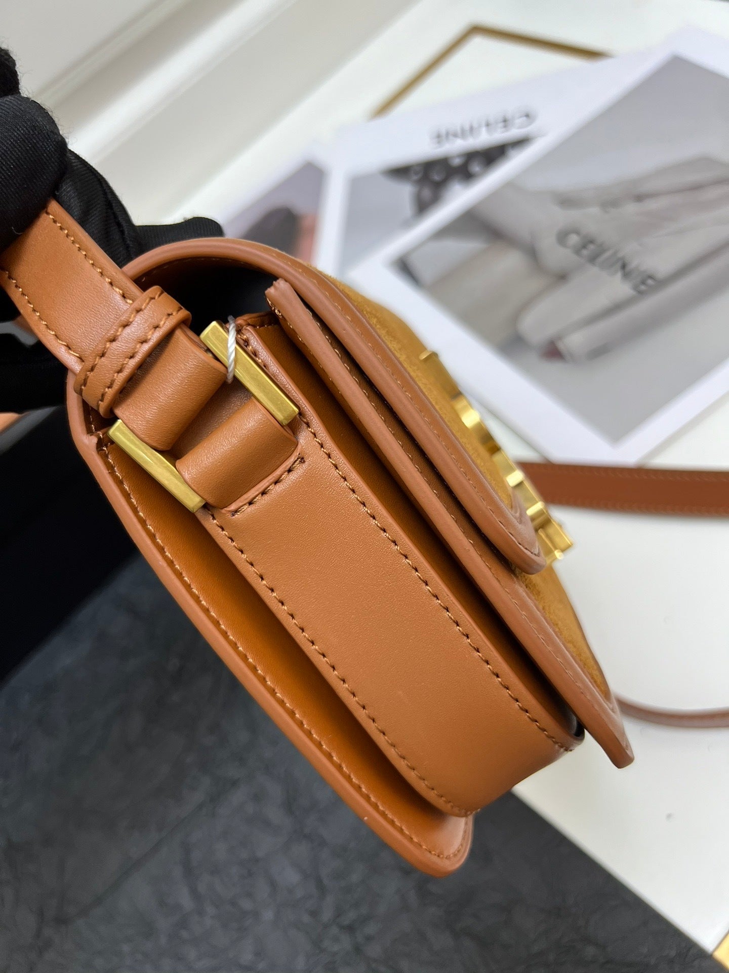 YSL  Solferino Satchel – Brown Suede with Gold YSL Cassandre