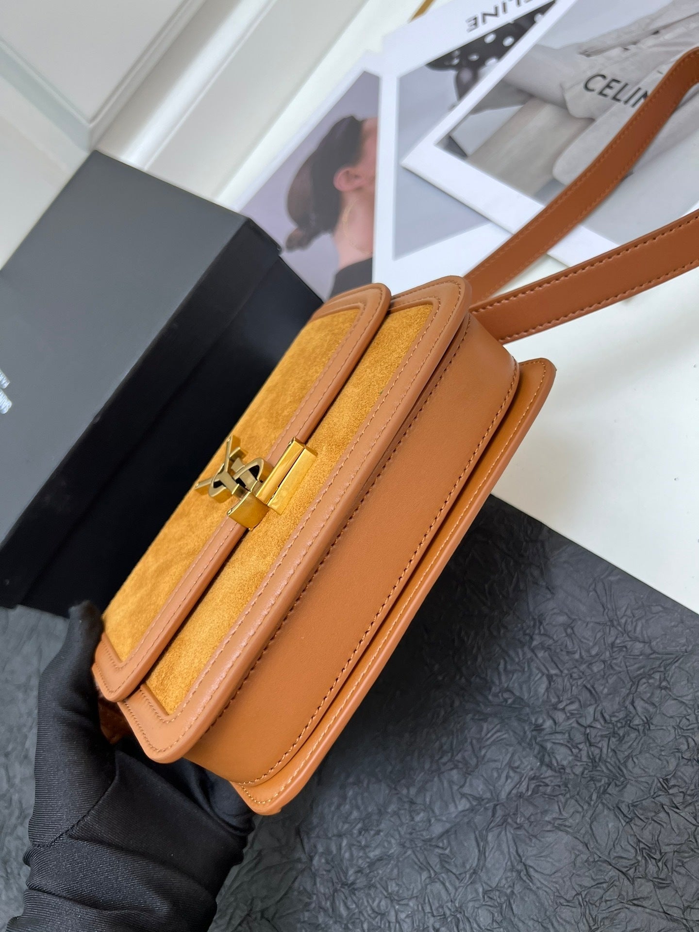 YSL  Solferino Satchel – Brown Suede with Gold YSL Cassandre