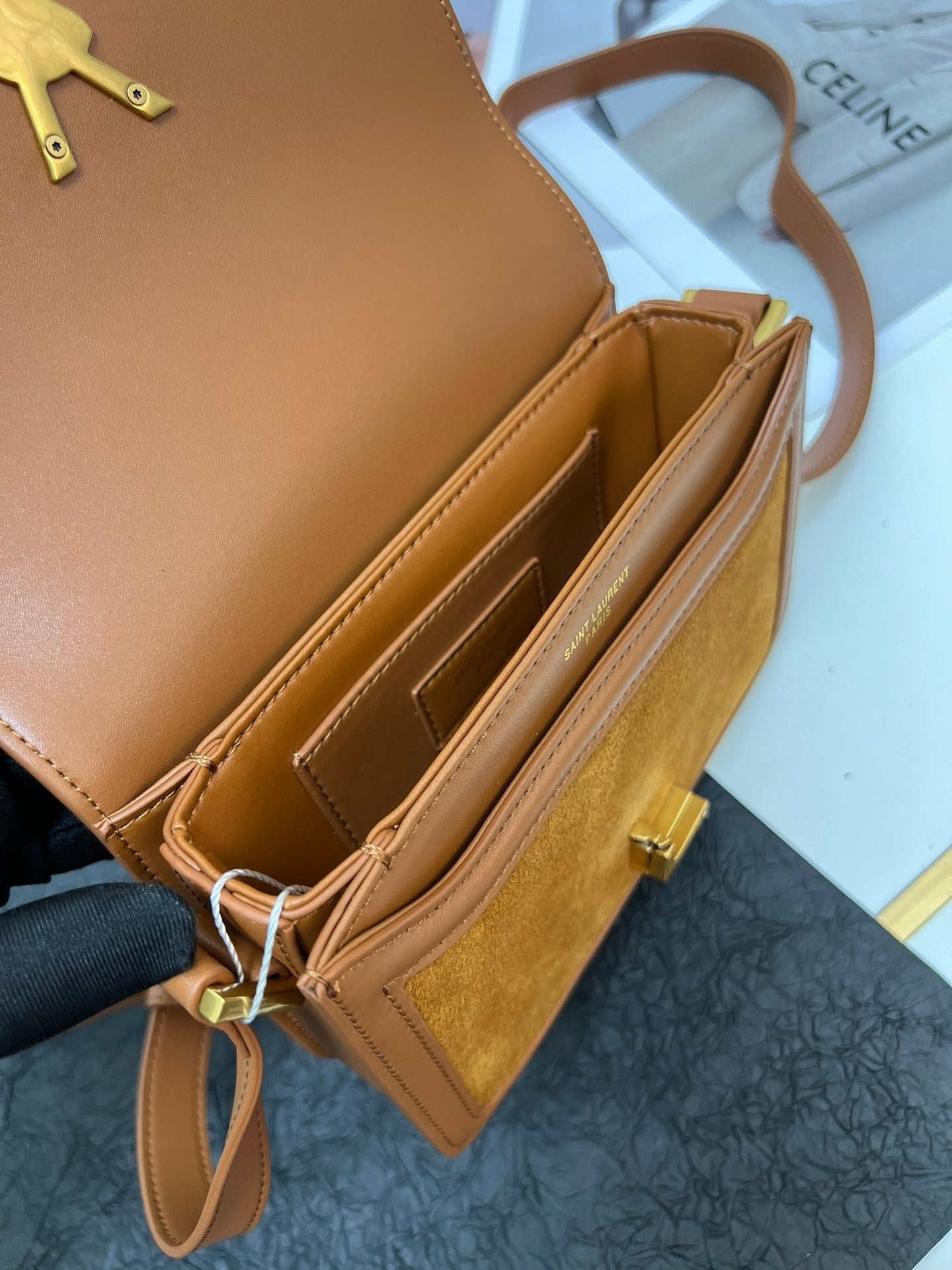 YSL  Solferino Satchel – Brown Suede with Gold YSL Cassandre