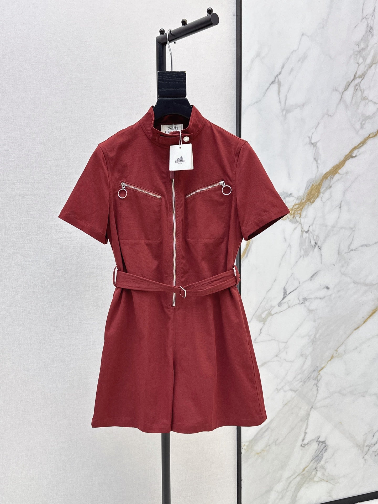 Double Cotton Twill Short Jumpsuit – High-Density Tailored Playsuit with Ring-Pull Zip Pockets