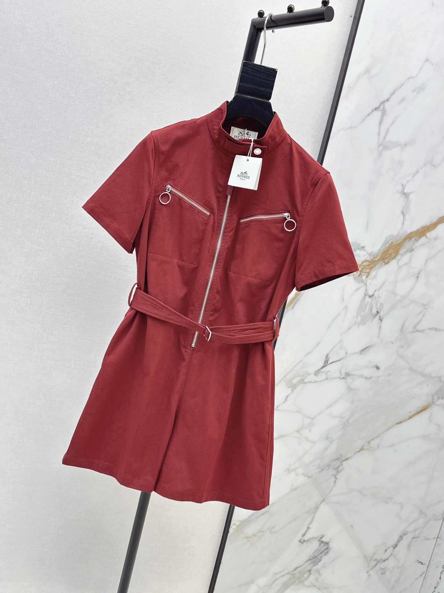 Double Cotton Twill Short Jumpsuit – High-Density Tailored Playsuit with Ring-Pull Zip Pockets