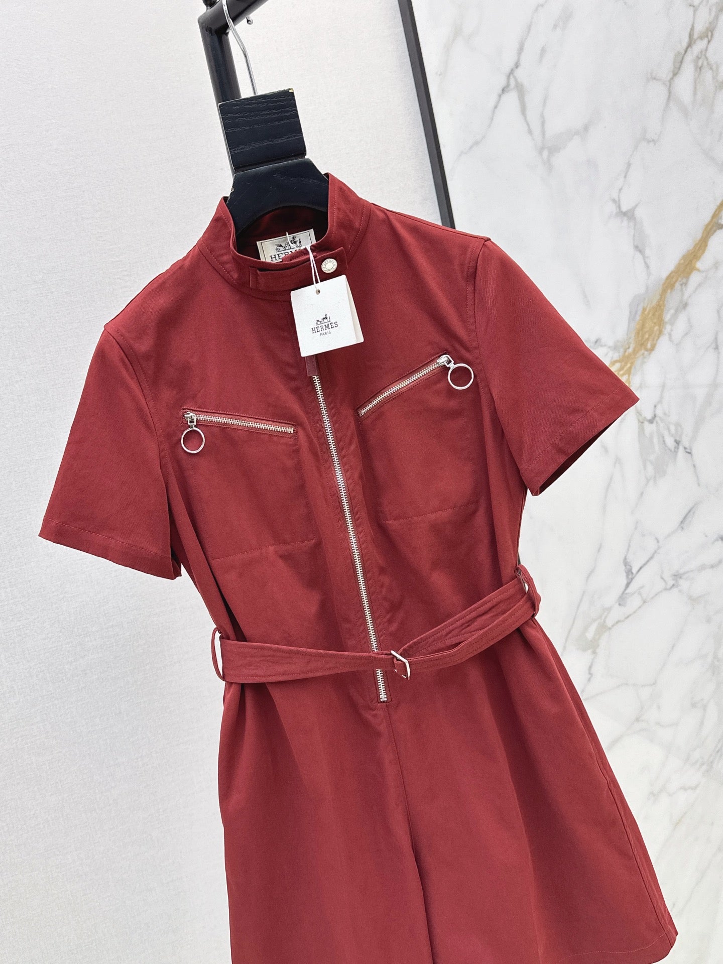 Double Cotton Twill Short Jumpsuit – High-Density Tailored Playsuit with Ring-Pull Zip Pockets