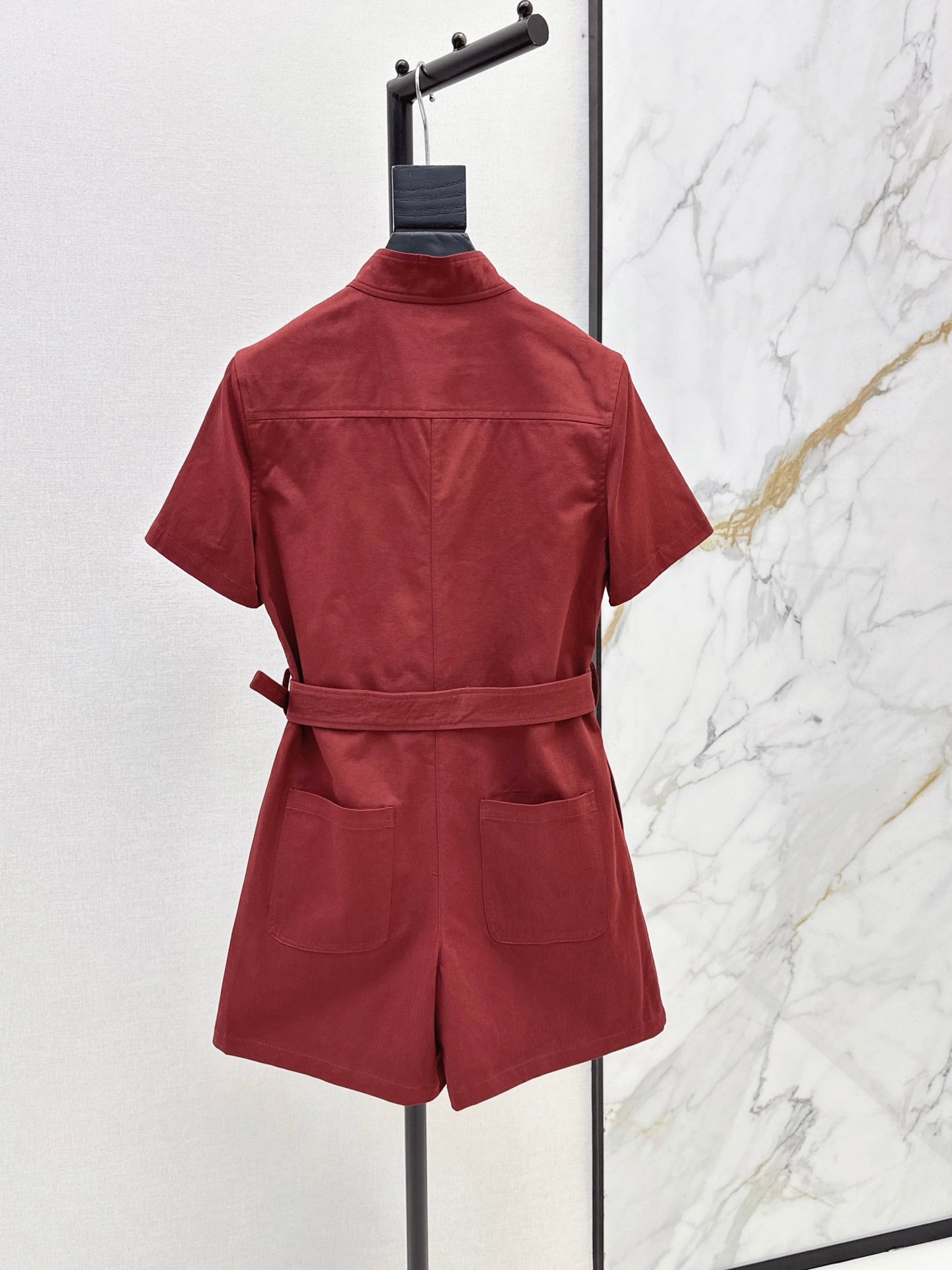 Double Cotton Twill Short Jumpsuit – High-Density Tailored Playsuit with Ring-Pull Zip Pockets