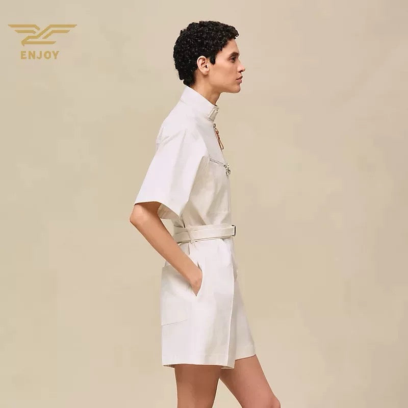 Double Cotton Twill Short Jumpsuit – High-Density Tailored Playsuit with Ring-Pull Zip Pockets