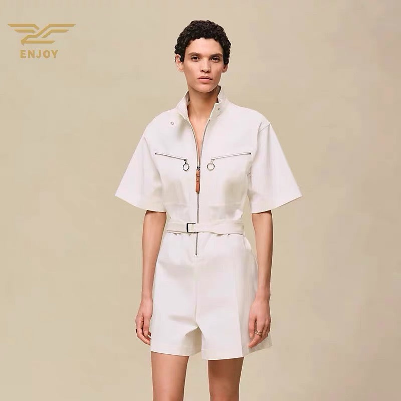 Double Cotton Twill Short Jumpsuit – High-Density Tailored Playsuit with Ring-Pull Zip Pockets
