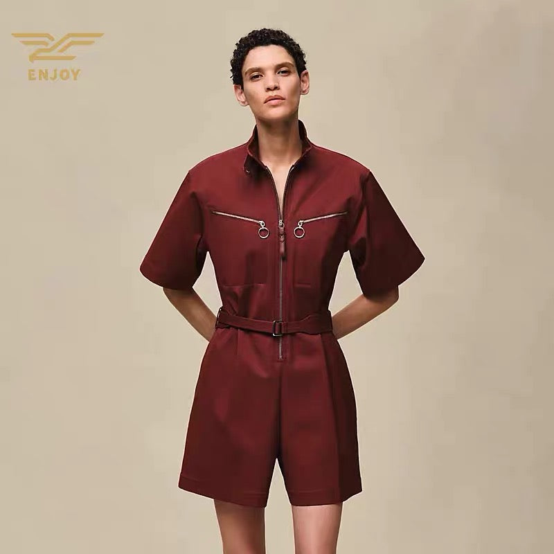 Double Cotton Twill Short Jumpsuit – High-Density Tailored Playsuit with Ring-Pull Zip Pockets