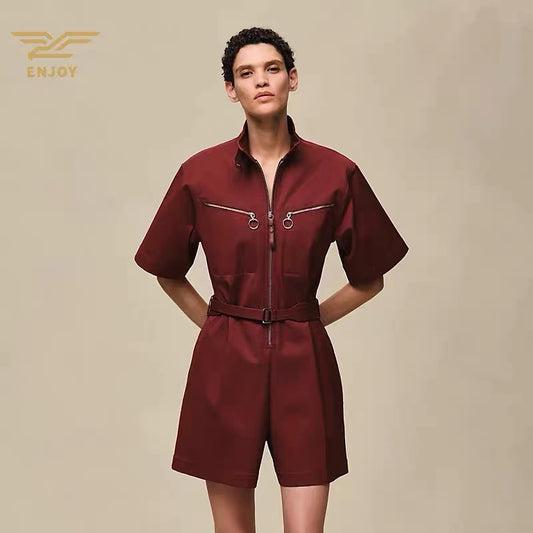 Double Cotton Twill Short Jumpsuit – High-Density Tailored Playsuit with Ring-Pull Zip Pockets